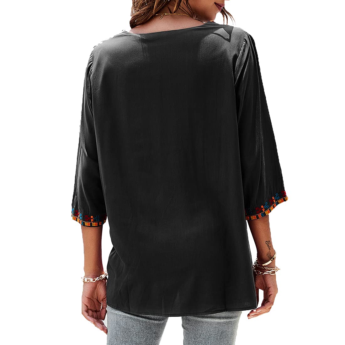 AK Embroidered Tops for Women - 3/4 Sleeve Peasant Blouse Mexican Shirts with V-Neck - Traditional Tunic Casual Tops - Perfect for Boho Outfits, Summer Wear & Festival Fashion