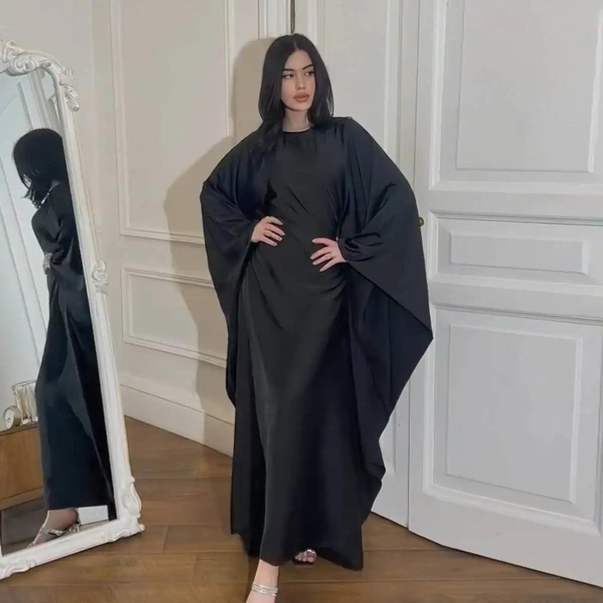 Gleam Satin Batwing Sleeve Women's Farasha Abaya Dress - Elegant Islamic Modest Dress for Prayer, Wedding & Special Occasions