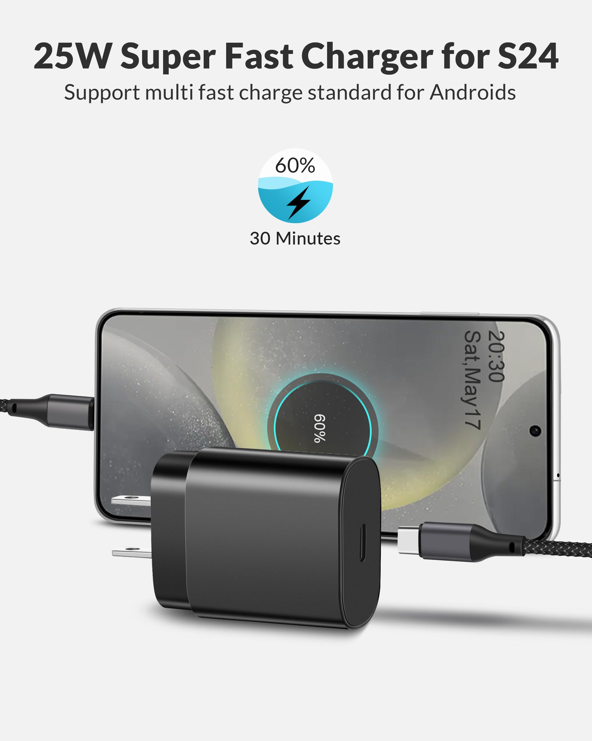 25W USB C Fast Charger 2-Pack with 3FT Type C Cable - Super Fast Wall Charger Block Compatible with Samsung Galaxy S25/S24/S23/S22/S21/S20 Ultra/S10/S9/S8, Note 20/10, A55/A54/A53/A13 - Perfect for Home, Office & Travel Charging