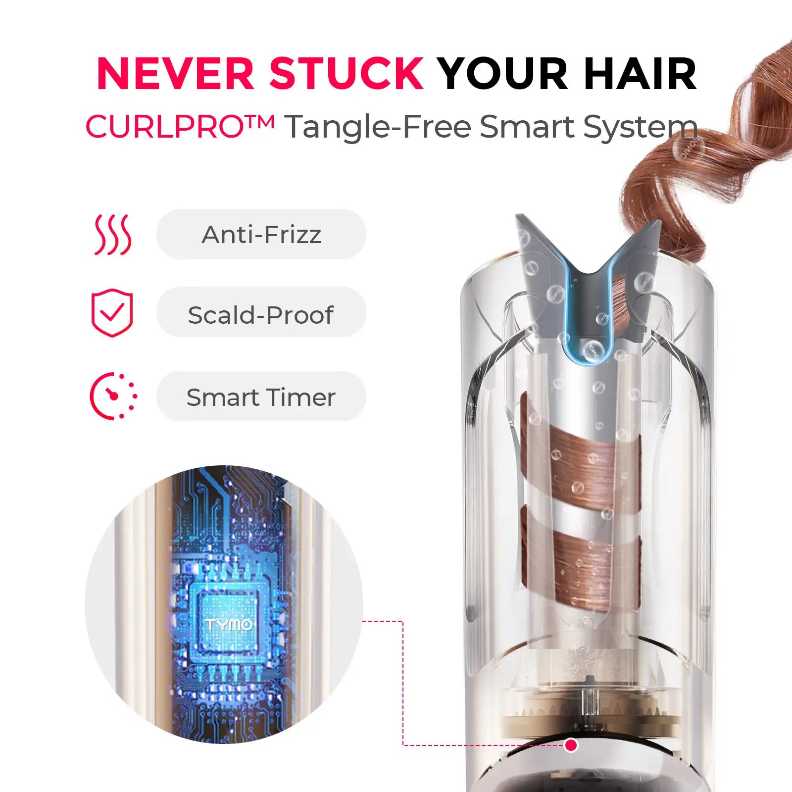 TYMO CURLPRO Grey Hair Styling Iron - Professional Ceramic Curling Wand for Long, Short & Medium Hair - Perfect for Home & Salon Use
