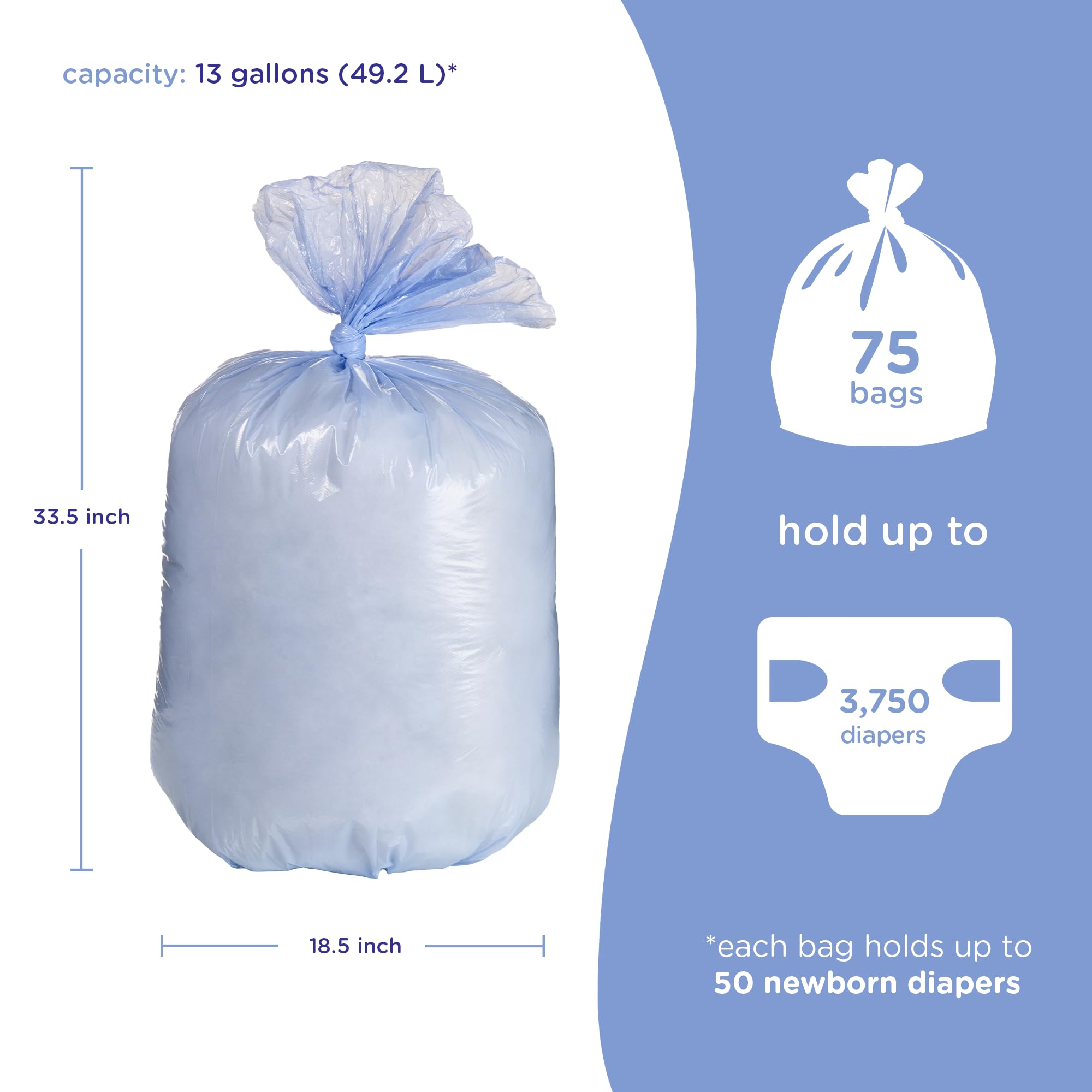 Ubbi Diaper Pail Refill Bags - 13 Gallon Disposable Baby Waste Bags, 3 Pack (75 Count) - Odor Control for Diaper Disposal, Perfect for Nursery, Daycare & Travel Use