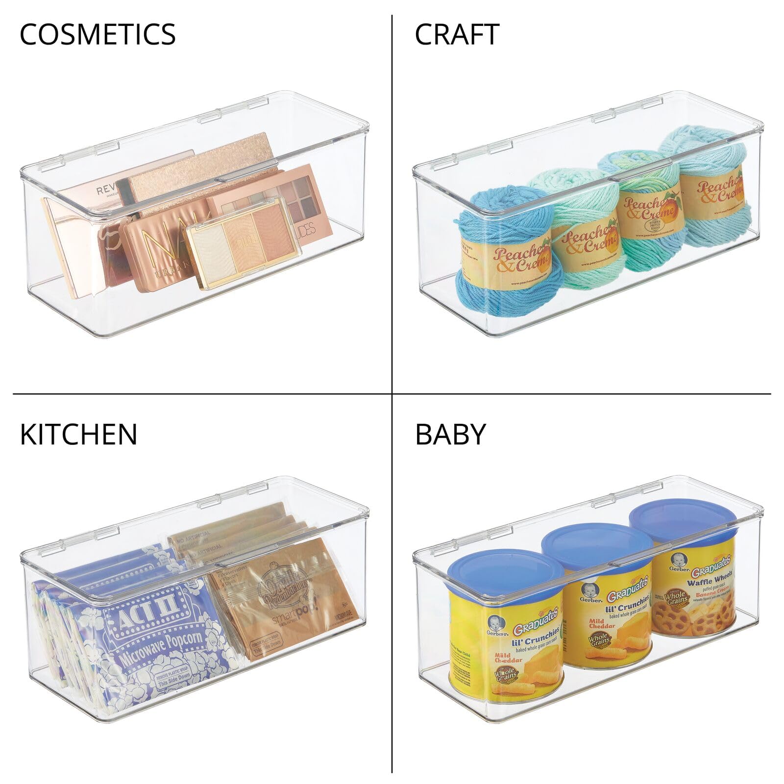 mDesign 4-Pack Clear Plastic Bathroom Storage Organizer Box with Hinged Lid - Vanity Drawer & Countertop Organizer for Lotions, Shampoo, Conditioner, Soap, Cotton Swabs, Face Towels & Accessories | Perfect for Bathroom Counter Organization, Makeup Storage & Small Item Decluttering