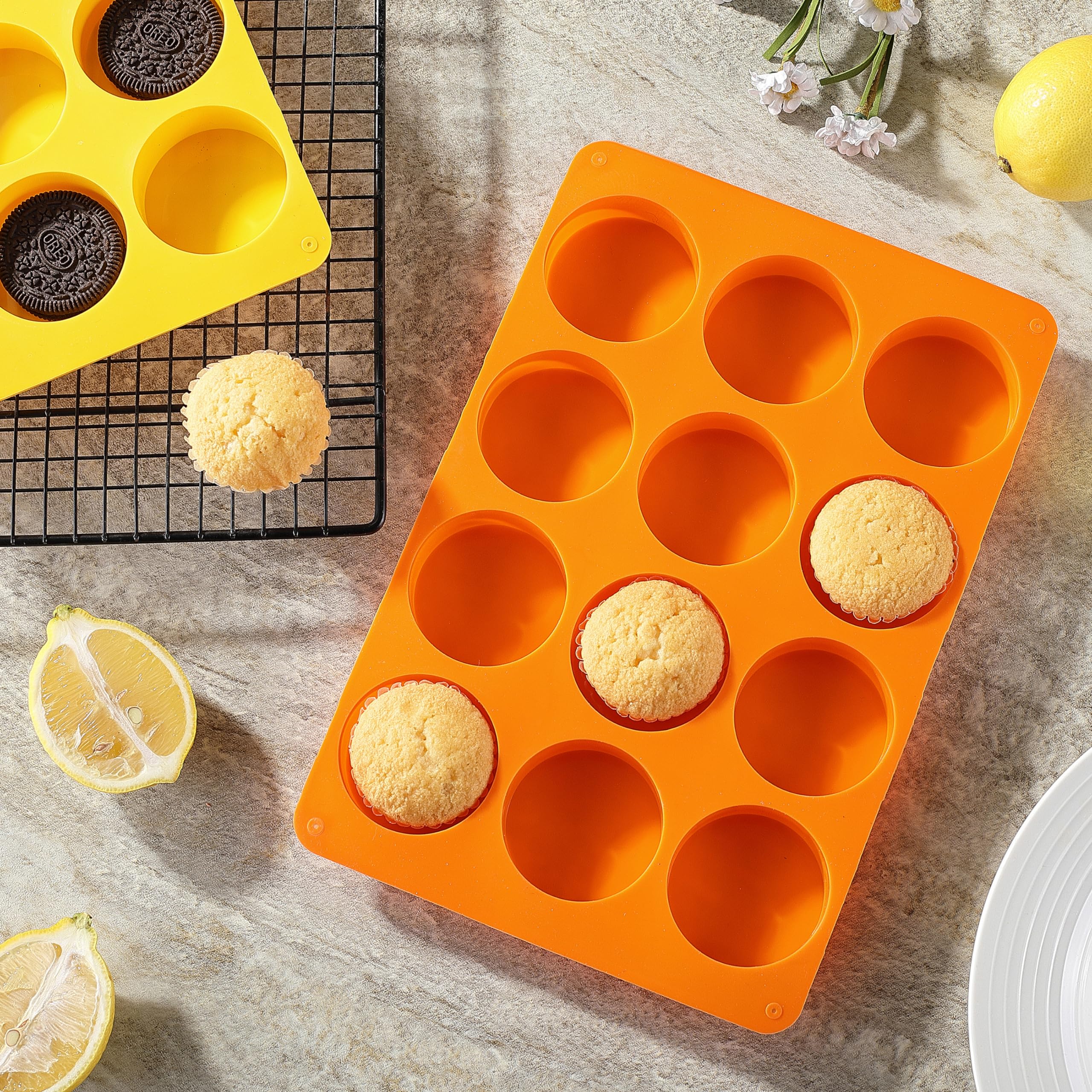 2-Pack Oreo Chocolate Cookie Silicone Molds - 12-Cavity Round Baking Molds for Cookies, Candies, Mini Cakes & Jelly (Orange + Yellow) - Perfect for DIY Desserts, Party Treats & Holiday Baking
