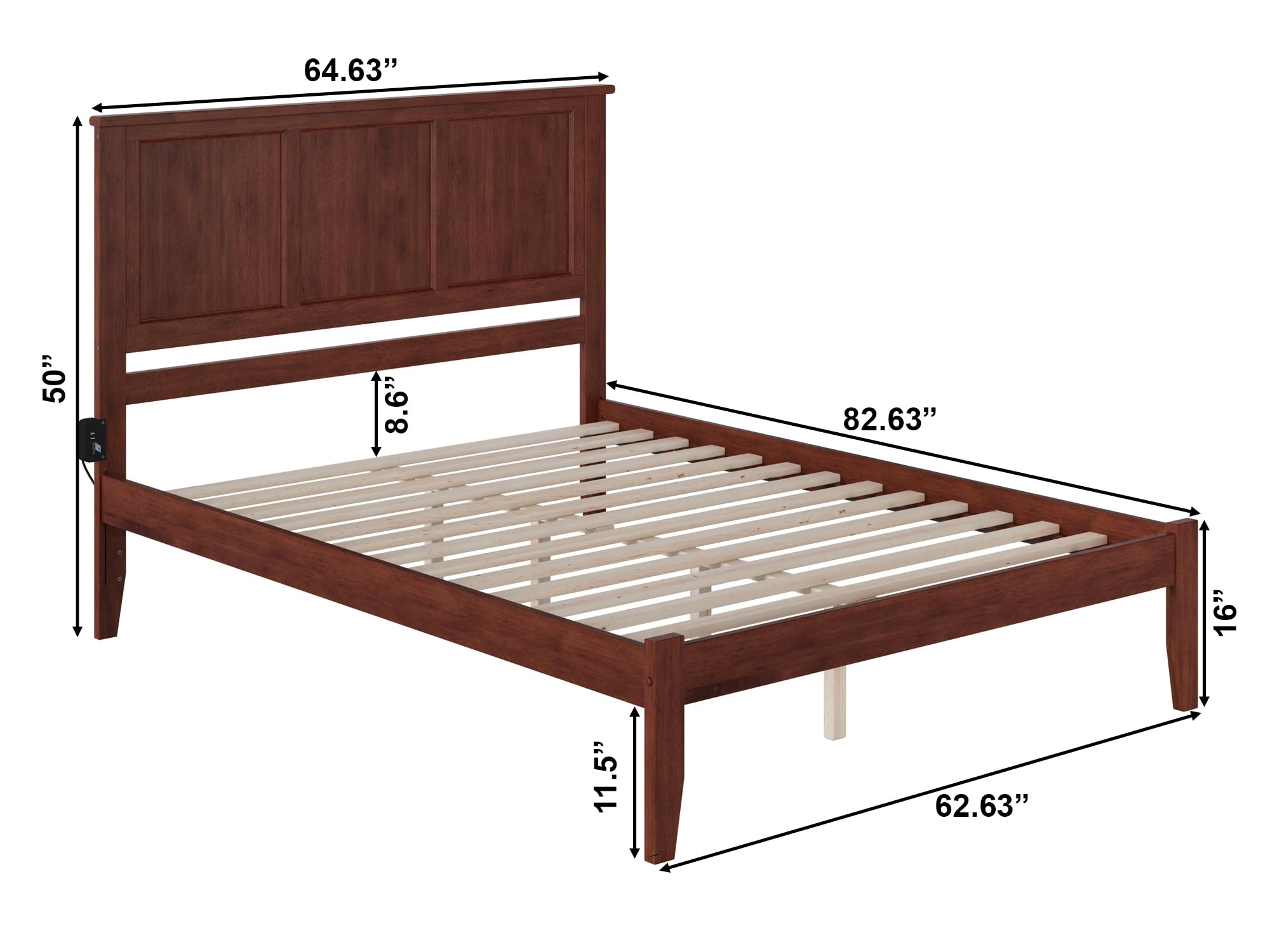 AFI Madison Queen Platform Bed with USB Charging Ports - Walnut Finish, Modern Bed Frame with Storage & Headboard - Perfect for Small Spaces & Guest Rooms