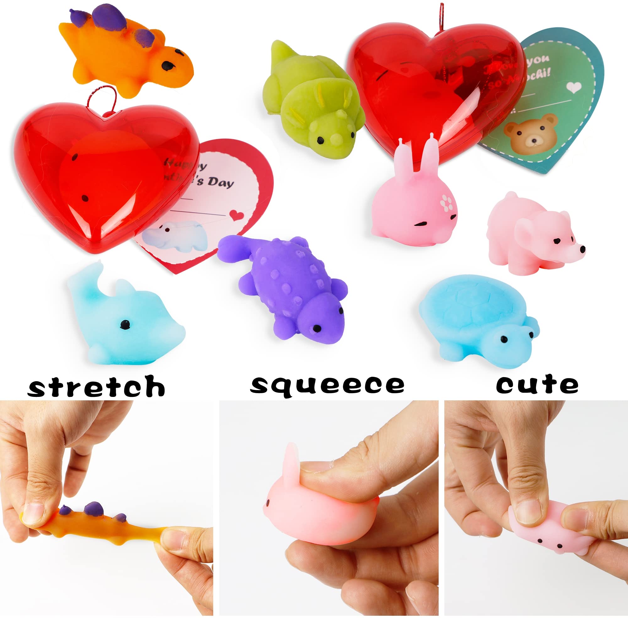 28 Pcs Mochi Squishy Toys with Valentine's Day Cards - Cute Heart-Shaped Stress Relief Gifts for Kids, Perfect for Classroom Exchange, Party Favors & Valentine's Day Celebrations