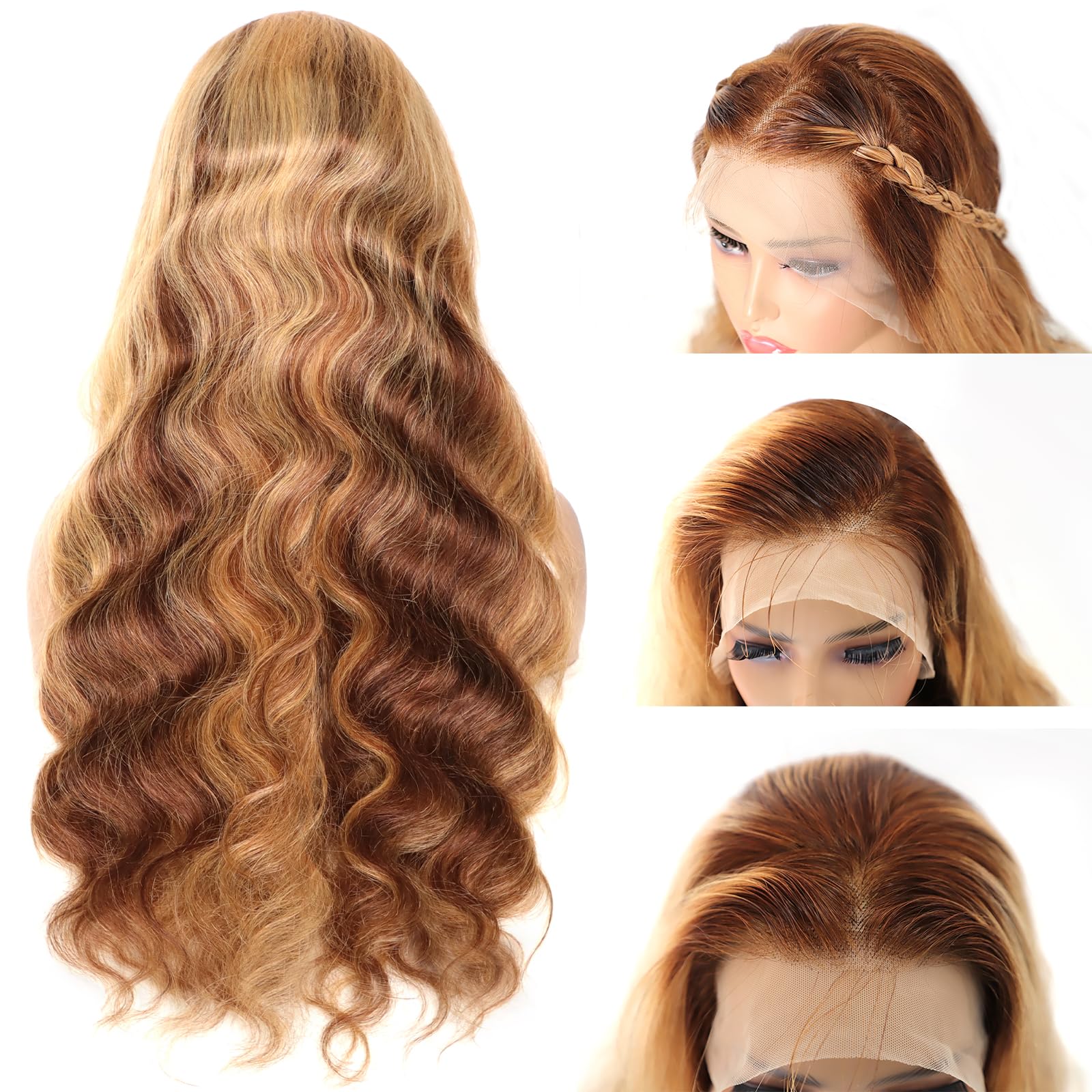 Honey Blonde Ombre Human Hair Lace Front Wig - 13x4 HD Pre-Plucked, 180% Density, 30 Inch Body Wave Lace Wig for Women | Perfect for Cosplay, Daily Wear & Special Occasions