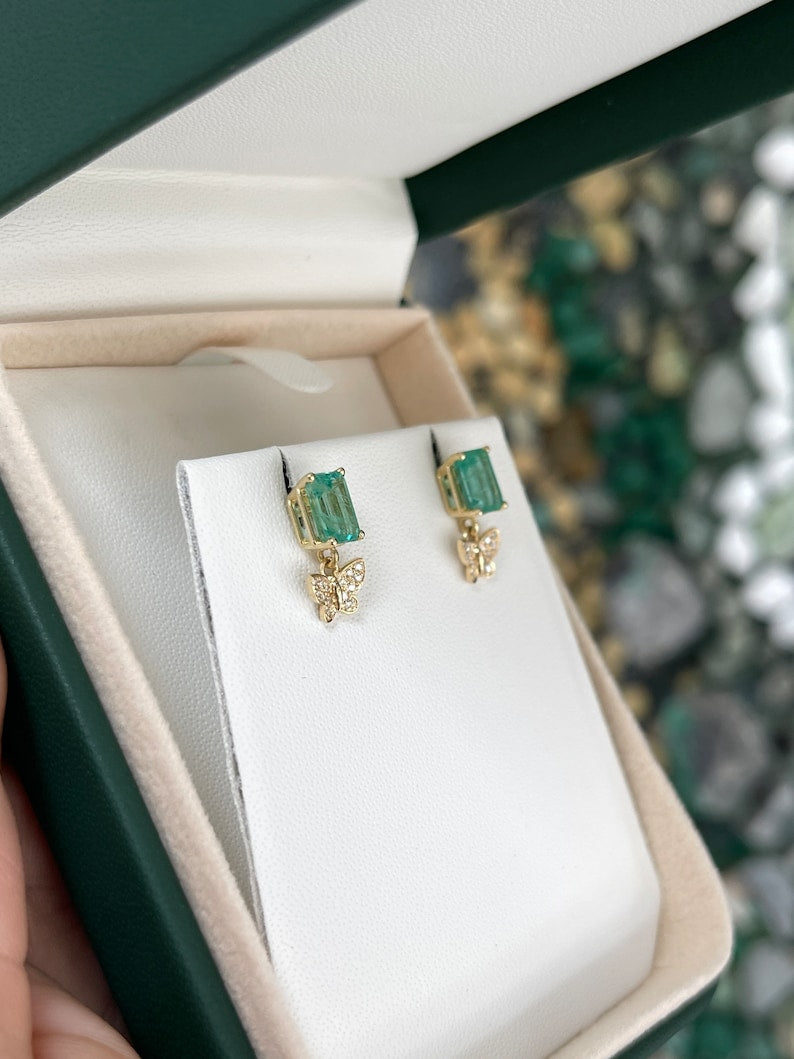 2.40tcw 14K Gold Natural Emerald & Diamond Butterfly Dangle Earrings for Women - Elegant Jewelry Gift for Birthday, Anniversary & Special Occasions
