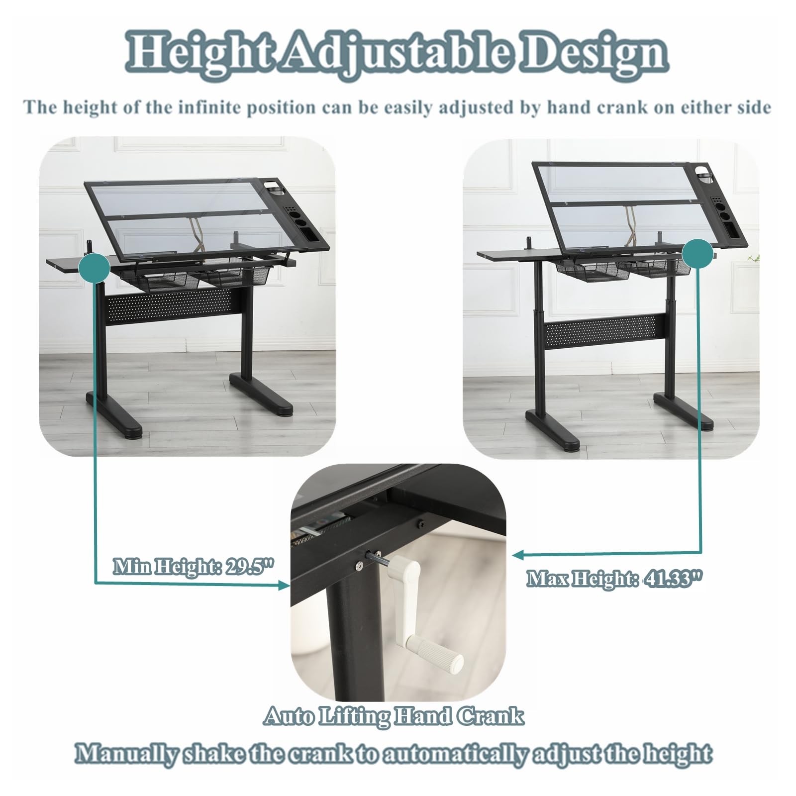 Upgraded Adjustable Height Glass Drafting Table with Hand Crank - Artist Drawing Desk with Stool, Tilting Art Craft Desk, 2 Storage Drawers & Side Table - Perfect for Home Office, Studio & Creative Workspaces - No.2 Black