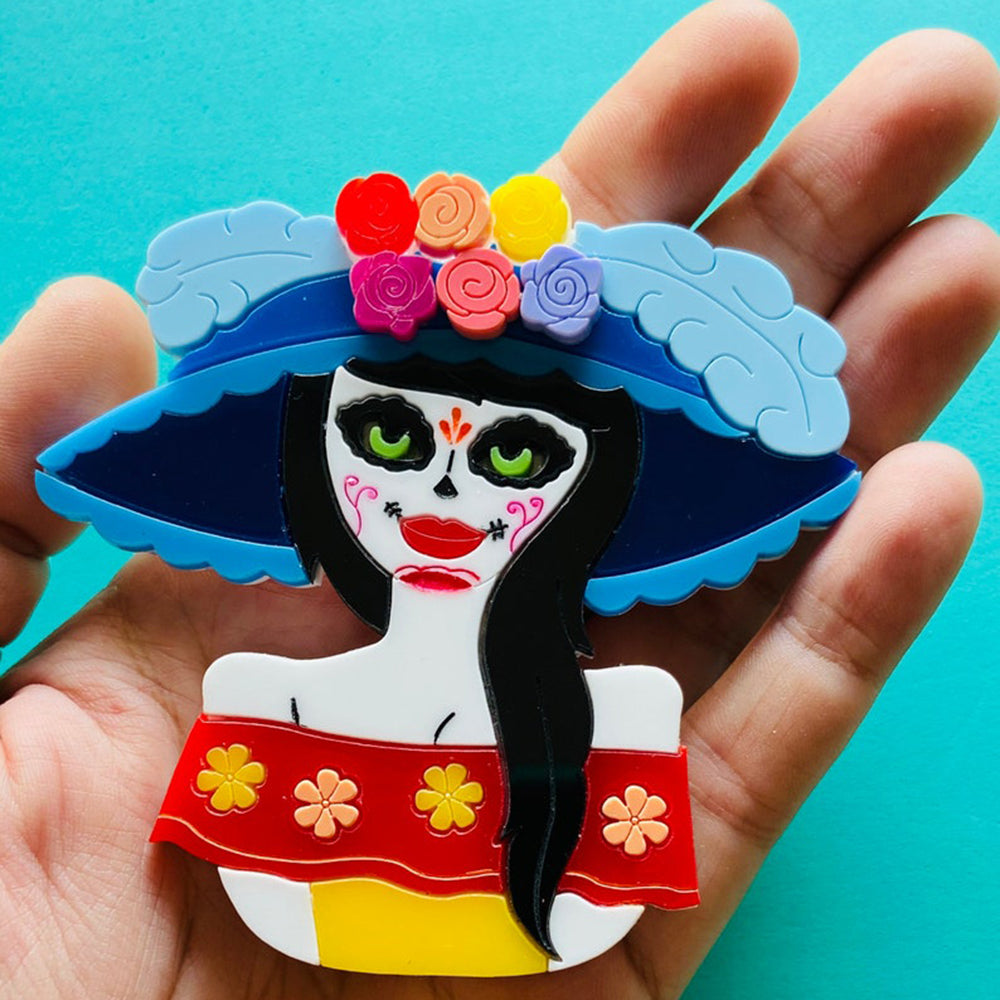 Day of the Dead Cocotte Calavera Catrina Acrylic Brooch - Handmade Mexican Folk Art Pin by Makokot Design - Perfect for Dia de los Muertos Celebrations, Costume Accessories & Gift Giving