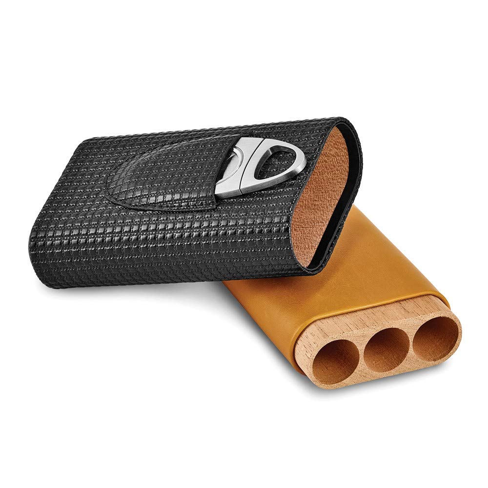 Black & Tan Polyurethane 3-Cigar Travel Humidor Case with Built-in Cutter - Perfect for Business Trips, Outdoor Adventures & Gifts for Cigar Lovers