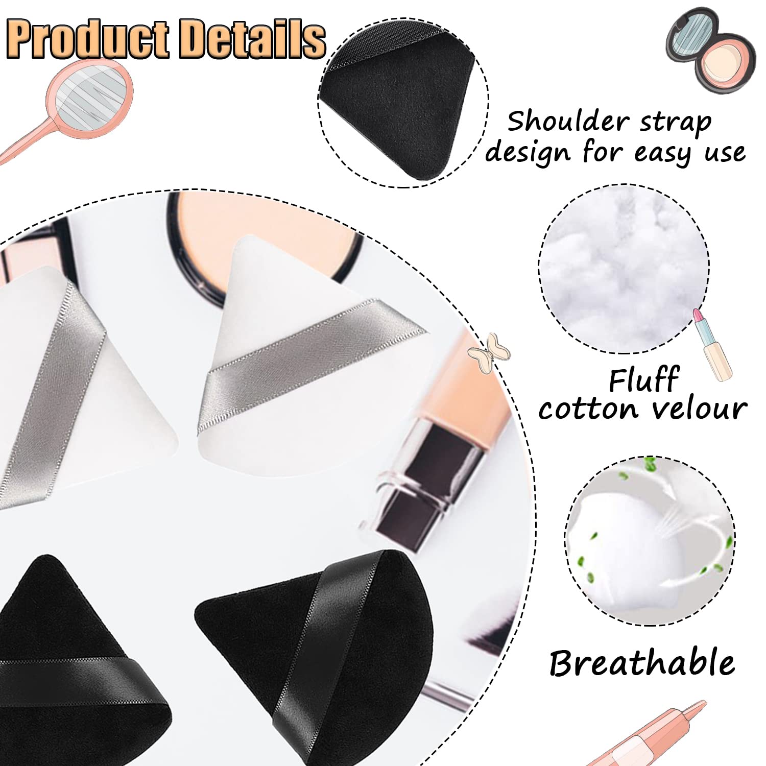 4 Pack Soft Triangle Powder Puffs for Loose & Setting Powder - Washable Reusable Velour Makeup Sponges for Face & Body (Wet/Dry Use) - Perfect for Flawless Makeup Application, Touch-ups & Travel