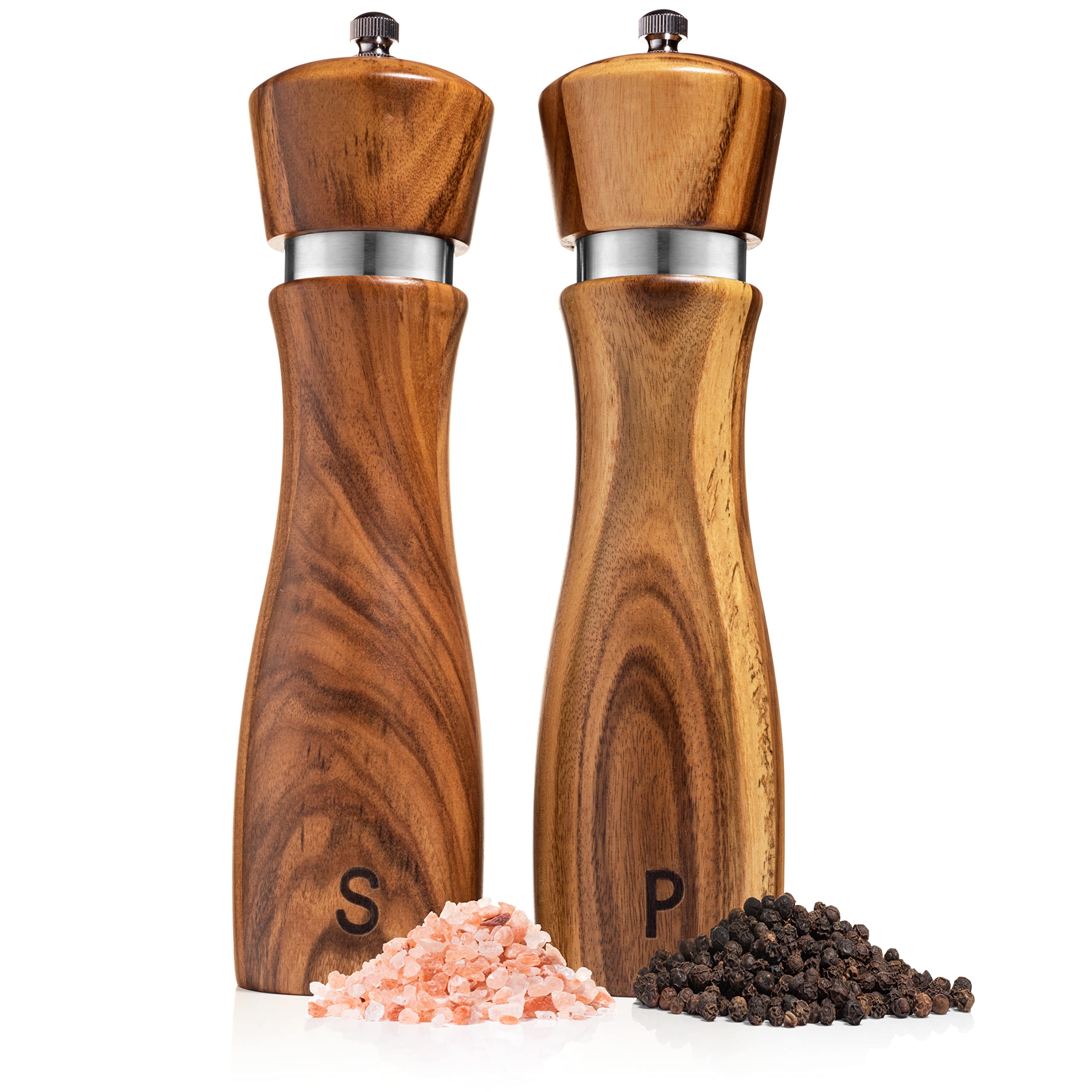 Premium Acacia Wood Salt and Pepper Grinder Set - Refillable Adjustable Coarseness, Ceramic & Stainless Steel Core, 8 Inch Kitchen Essentials for Gourmet Cooking, Dining Table & Gift Giving