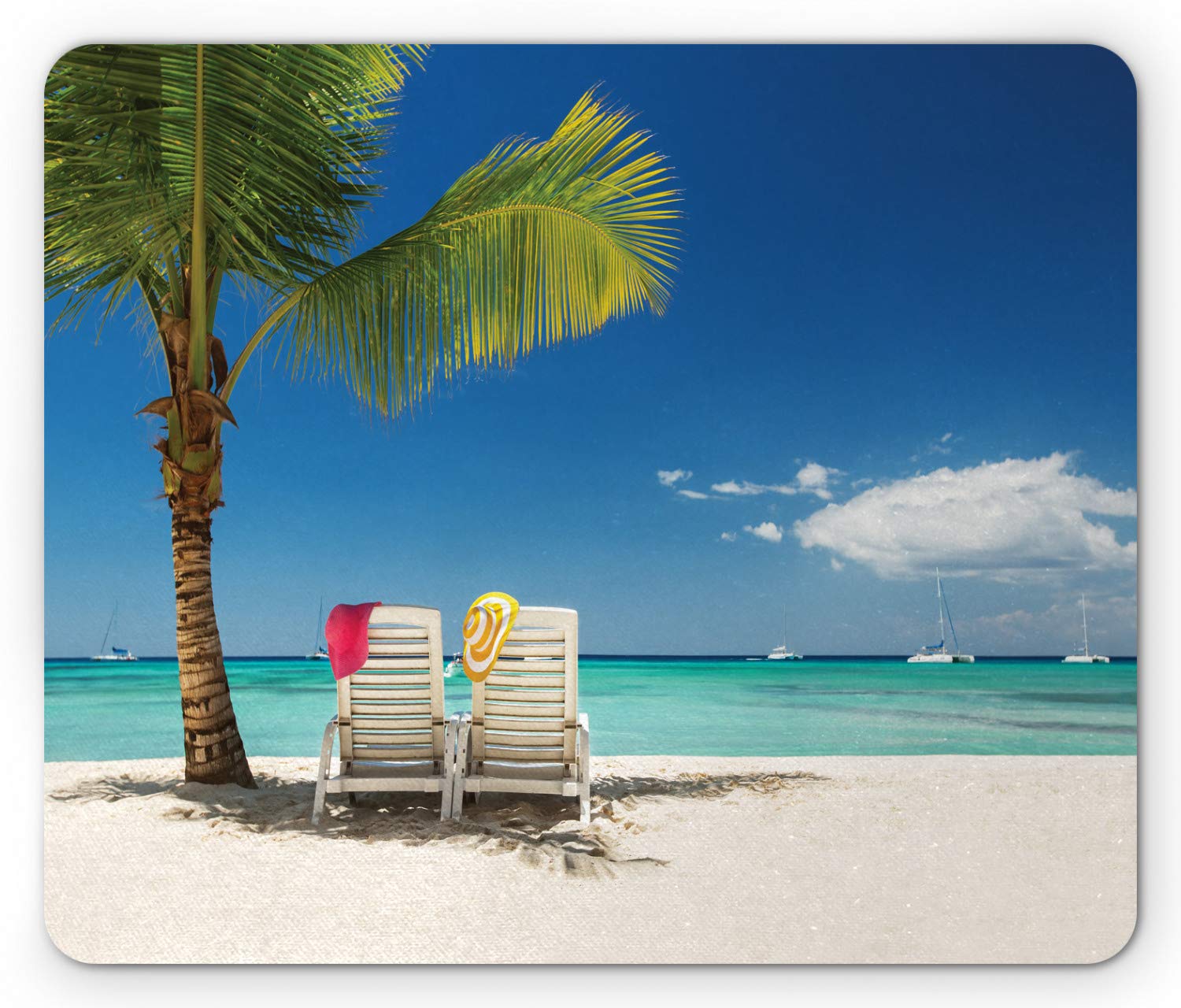 Ambesonne Seaside Mouse Pad - Non-Slip Rubber Mousepad with Relaxing Beach Vacation Scene, Palm Trees & Boats Panoramic Design, Standard Size (Green/Blue) - Perfect for Office, Gaming & Home Workspace
