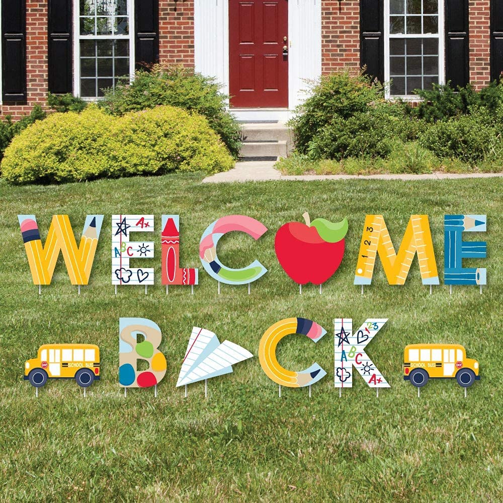 Big Dot of Happiness Back to School Yard Signs - Set of 8 First Day of School & Welcome Back Lawn Decorations for Outdoor Classroom & Virtual Learning Celebrations - Perfect for School Events, Home Decor & Teacher Gifts