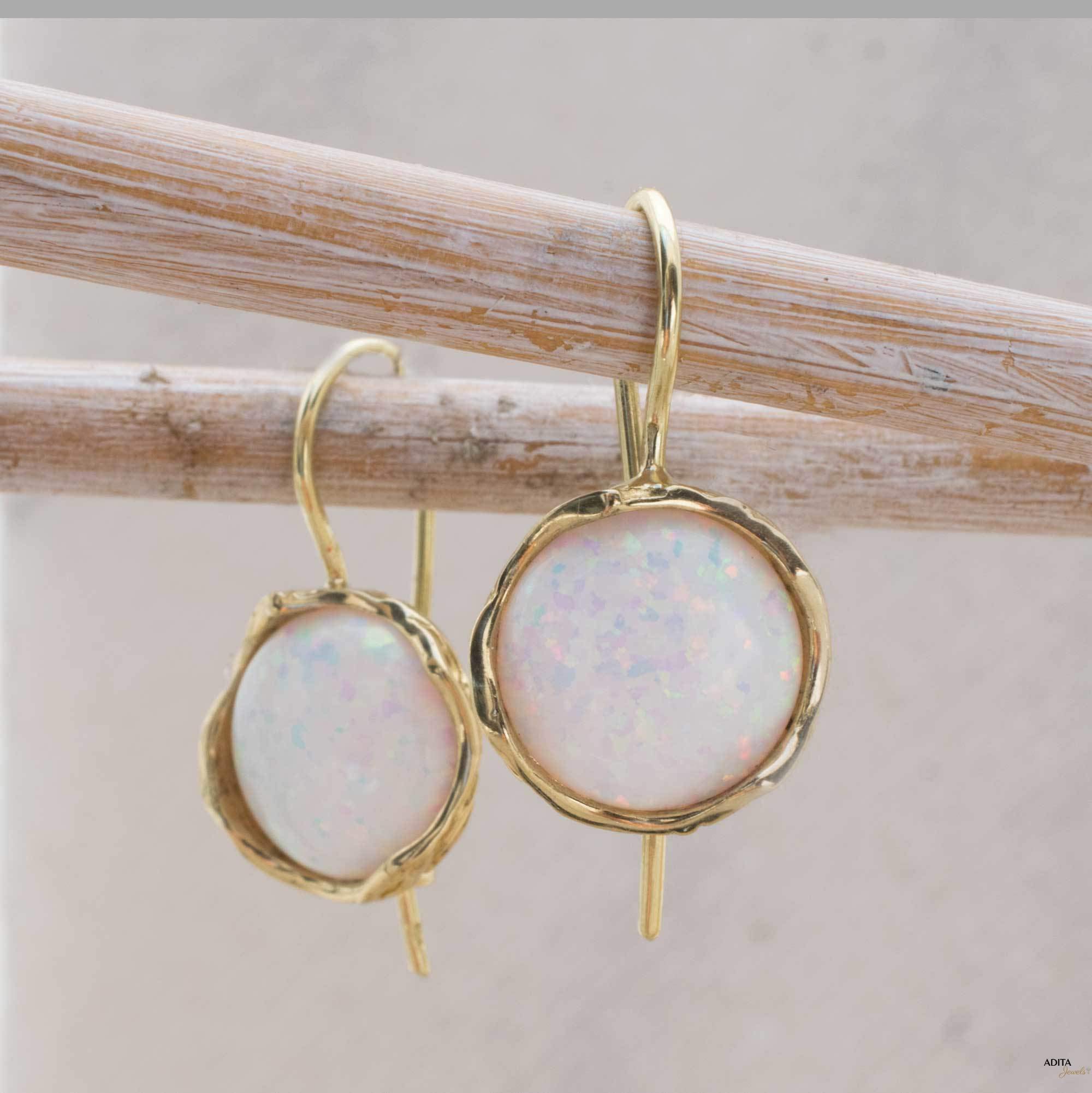 14K Solid Yellow Gold White Opal Dangle Earrings for Women - Big Cabochon Stone Dainty Jewelry - Perfect Graduation, Birthday & Mother's Day Gift - Elegant Everyday Wear & Special Occasion Accessories