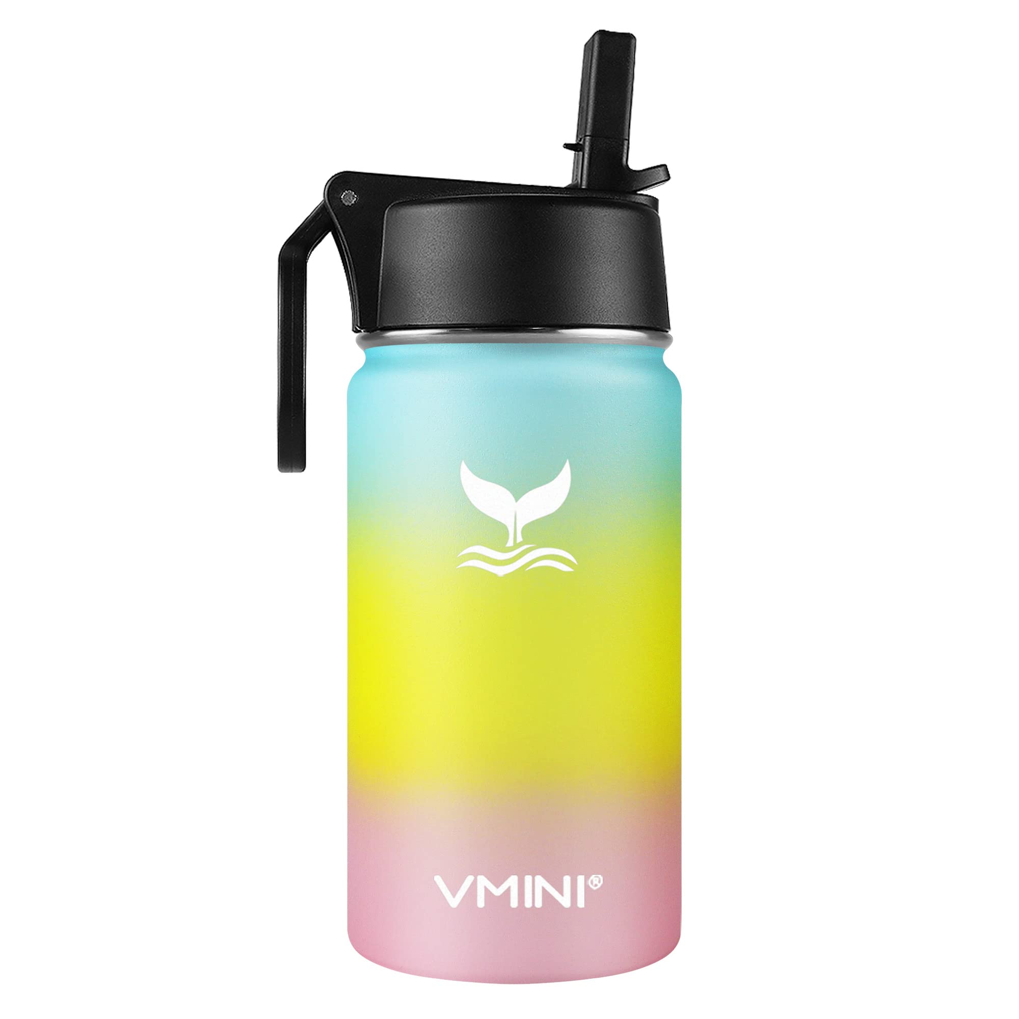 Vmini Kids Water Bottle with Straw - 12oz Insulated Stainless Steel Water Bottle with Wide Mouth & Rotating Handle Lid - Leakproof, BPA Free - Gradient Blue/Yellow/Pink - Perfect for School, Sports & Outdoor Activities