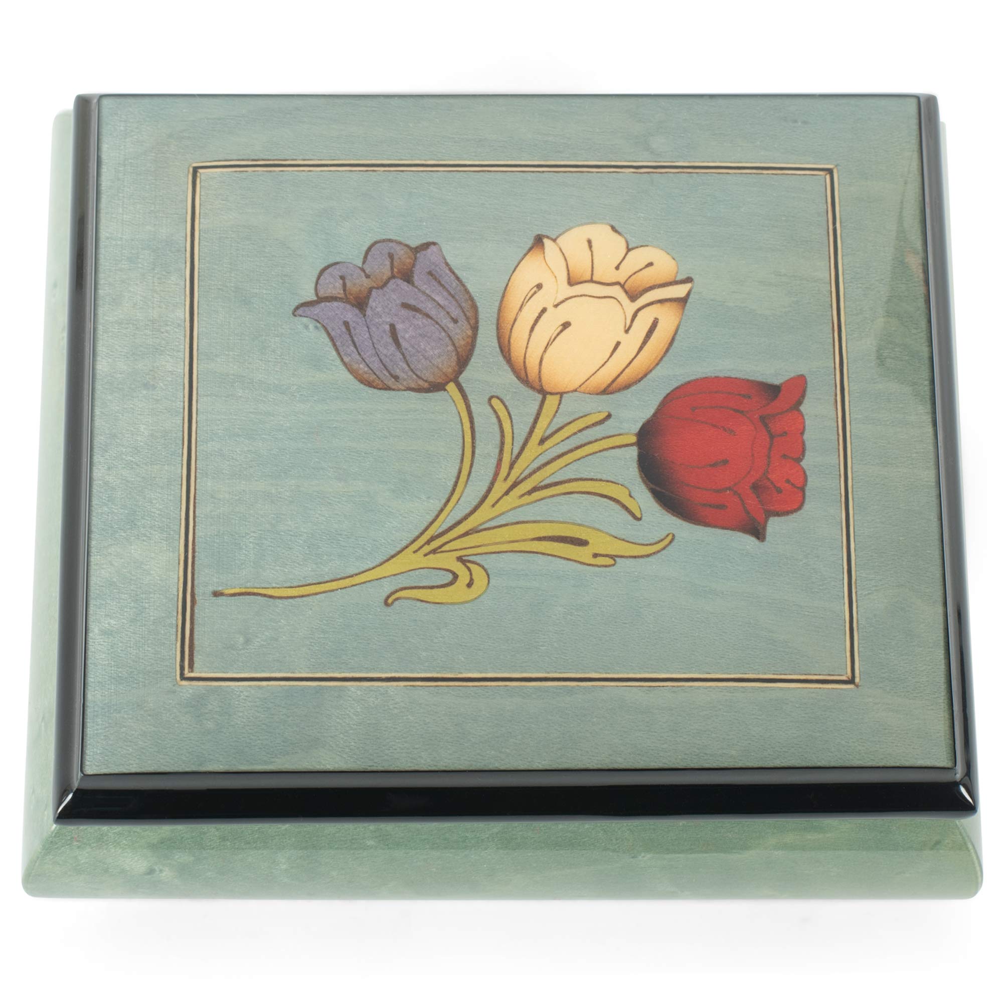 Handcrafted Haelo Glossy Tulips Blue Italian Inlaid Wood Jewelry Music Box - Plays 'As Time Goes By' - Perfect Gift for Anniversaries, Weddings & Home Decor