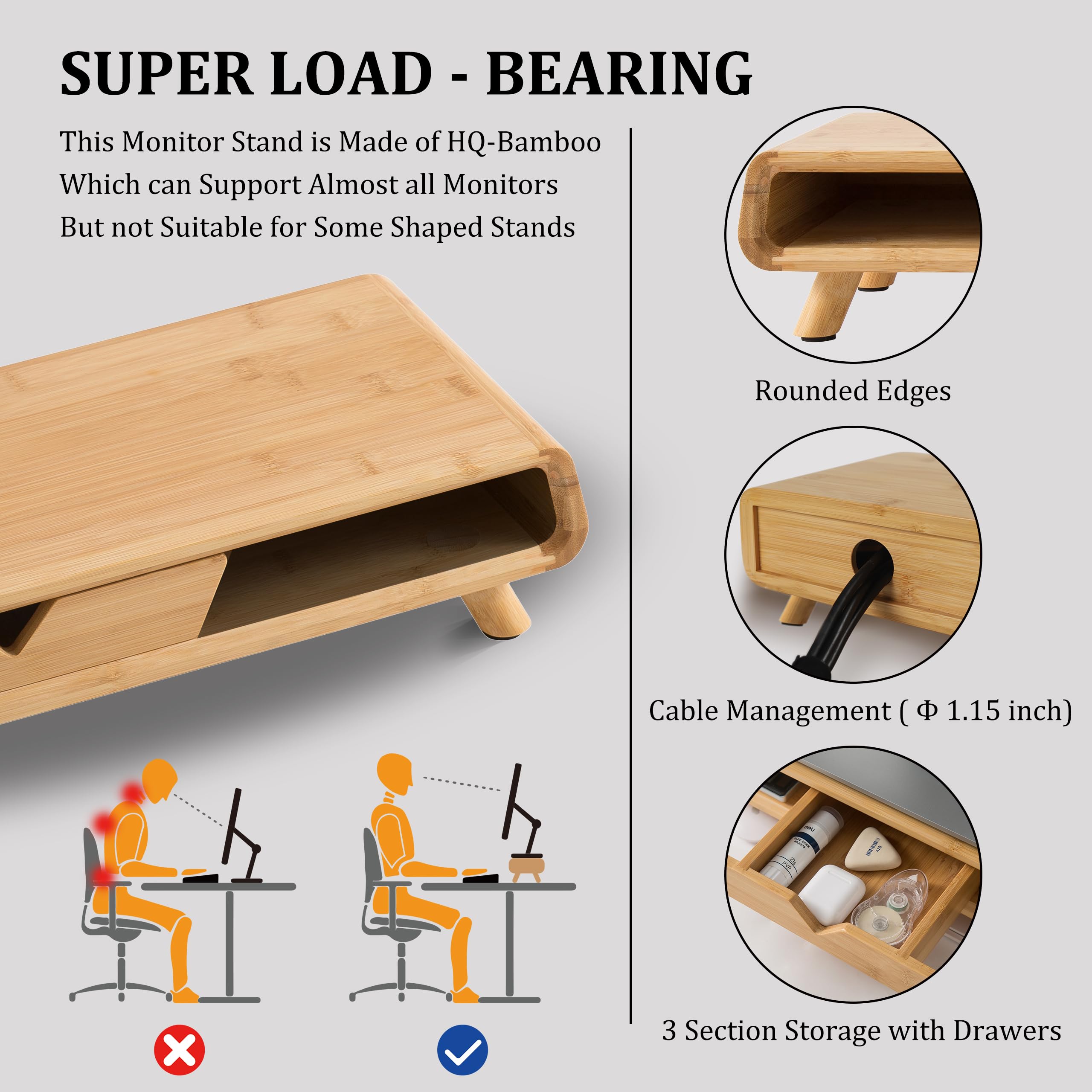 Homerays Bamboo Monitor Stand Riser with Drawer - No Assembly Required, Ergonomic Height Adjustable Wooden Computer Monitor Stand for Home & Office Workspace