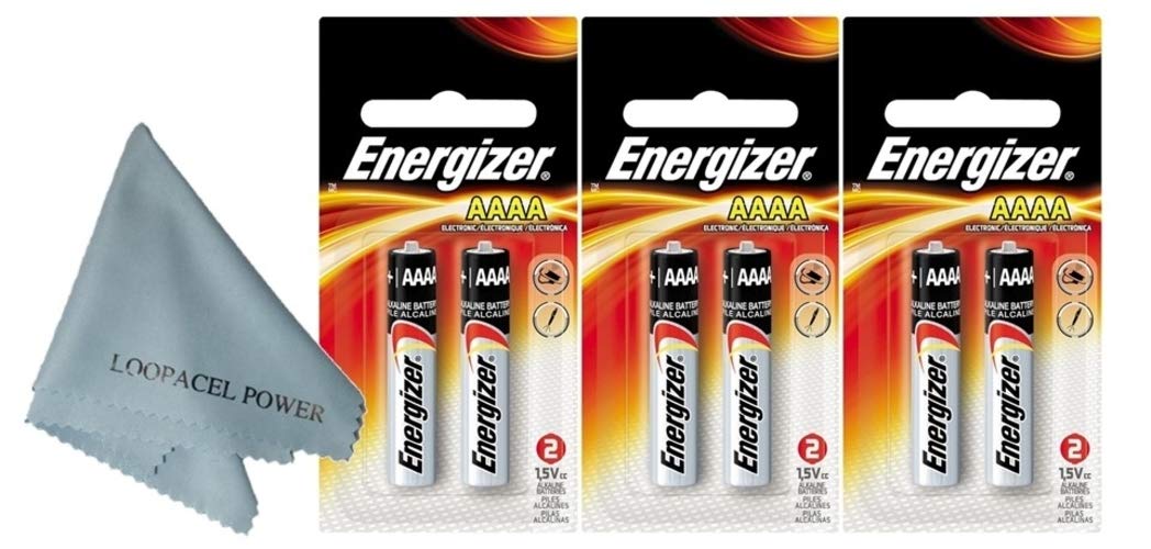 6 Pack Energizer AAAA Alkaline Batteries with 3x2 Loopacell Microfiber Cleaning Cloths - Long Lasting Power for Cameras, Toys & Electronics - Ultra Smooth Cleaning for Lenses & Screens