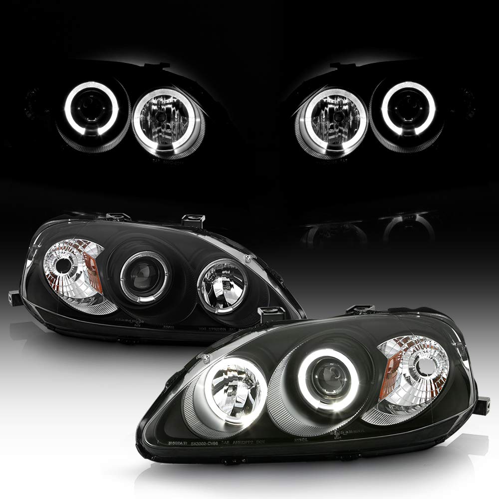 ACANII LED Halo Ring Black Housing Projector Headlights for 1999-2000 Honda Civic - Driver & Passenger Side - High Visibility Night Driving & Custom Style Upgrade