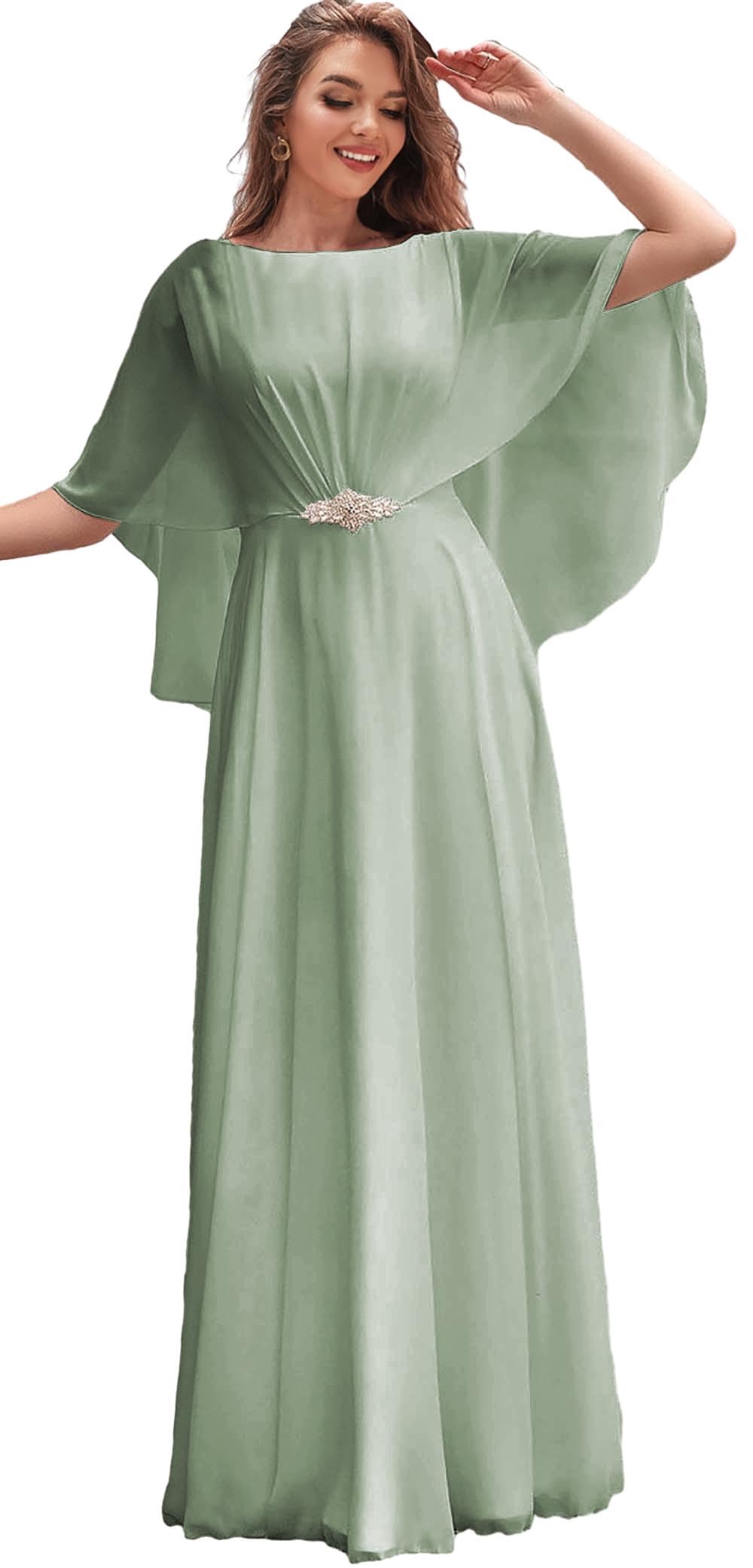 Elegant Chiffon Mother of the Bride Dress with Detachable Cape - Beaded Wedding Party Gown with Corset for Women | Perfect for Formal Occasions, Wedding Ceremonies, and Special Events