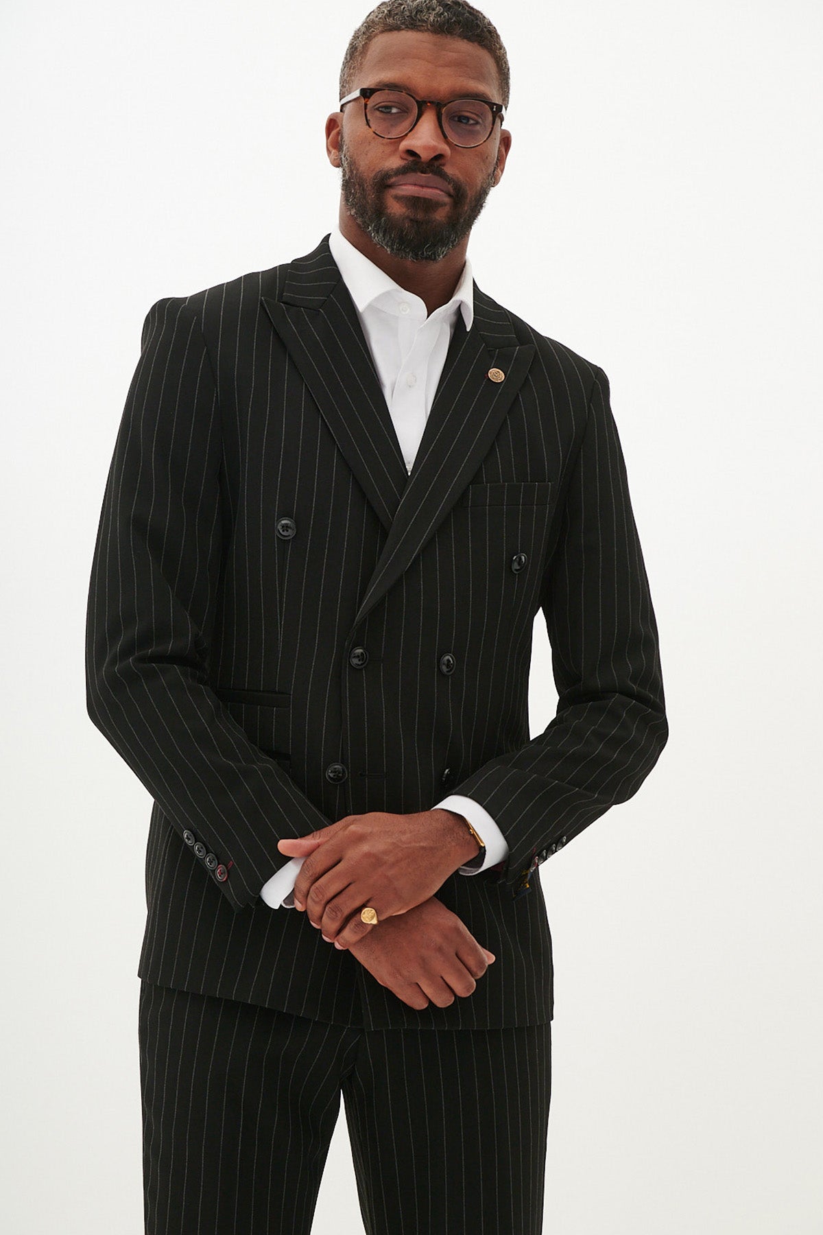 ROCCO Black Pinstripe Double Breasted Two Piece Suit for Men - Formal Business Attire & Wedding Outfit - Perfect for Office Meetings, Job Interviews and Special Occasions