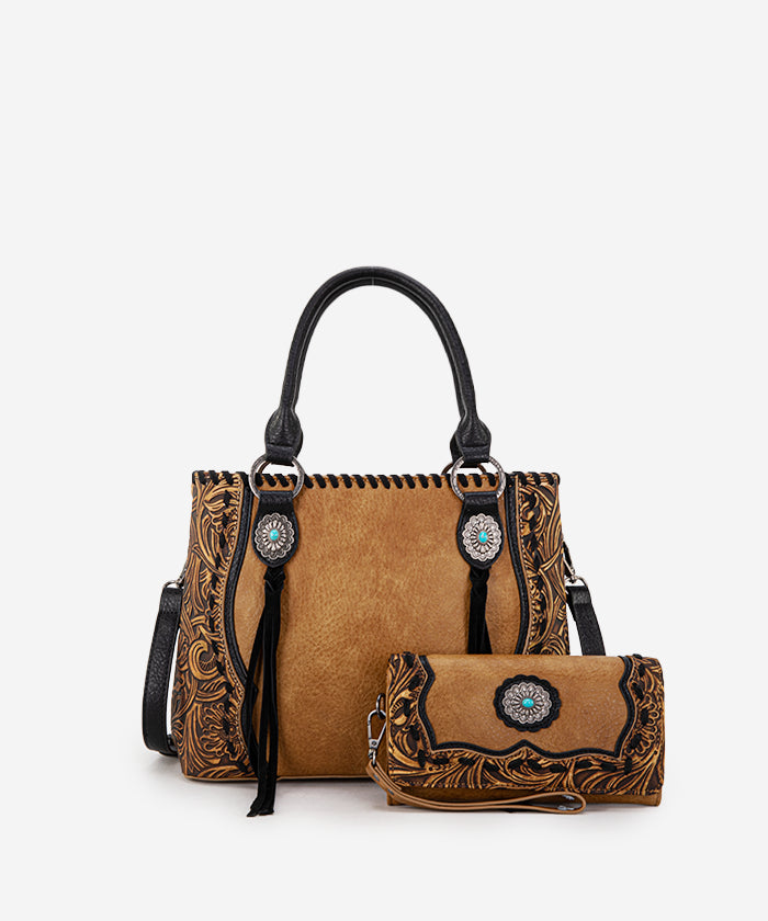 Trinity Ranch Floral Tooled Concho Tote Bag Set - Western Style Leather Handbag for Women - Perfect for Cowgirl Fashion, Rodeo Events & Country Outfits