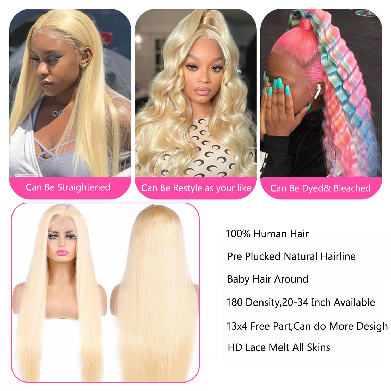 613 Lace Front Wig Human Hair 13x4 HD Transparent Straight Blonde Pre Plucked Glueless Wigs 180% Density - Perfect for Daily Wear, Cosplay, and Special Occasions