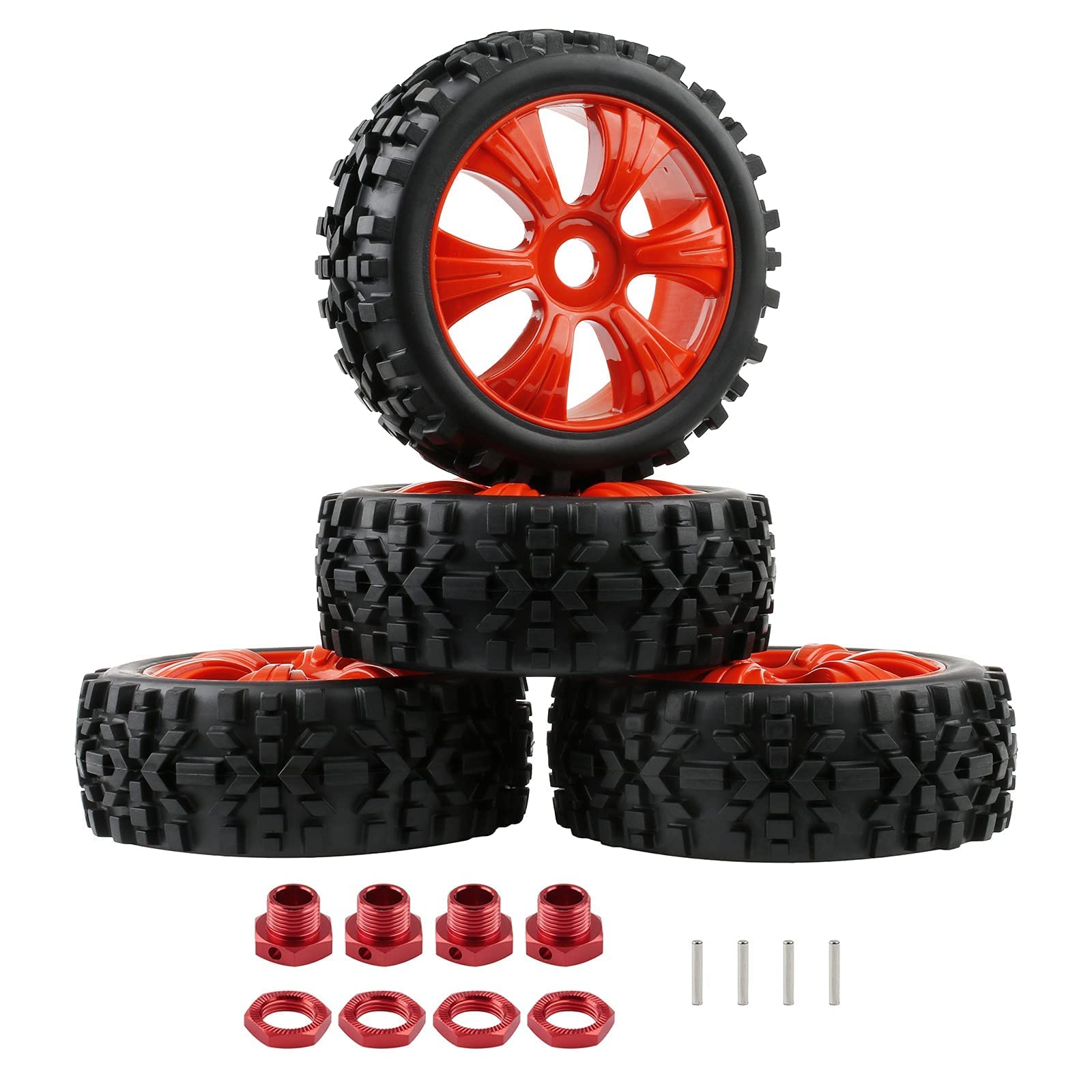 4PCS 1/8 Scale RC Buggy Tires - 17mm Rubber Wheels with Adapter Nuts for Traxxas Typhon, Red - Perfect for Off-Road Racing and RC Car Upgrades