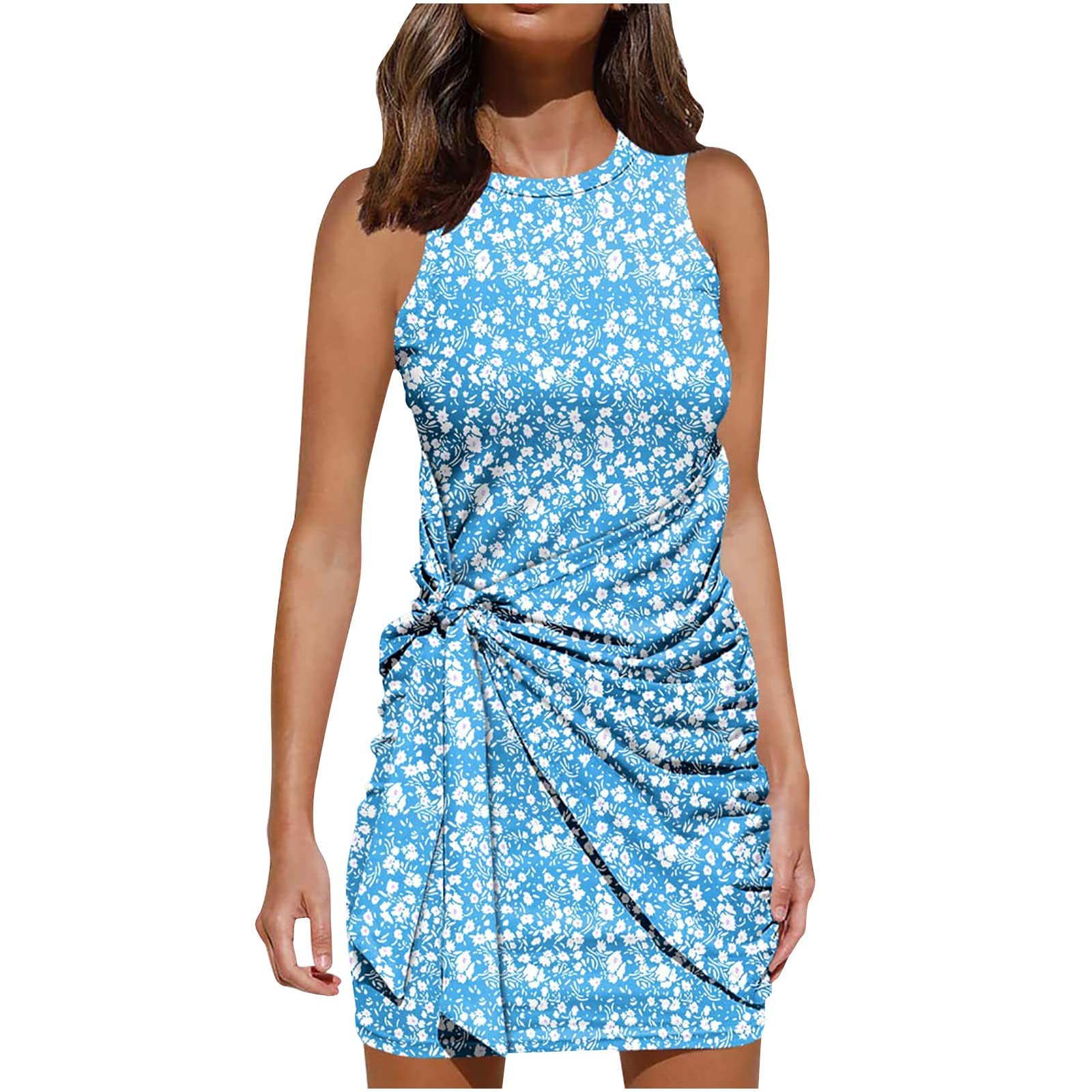 Women's Midi Summer Wrap Dress - Side Knot Tshirt Sleeveless Short Mini Dress for Beach, Vacation & Casual Outings