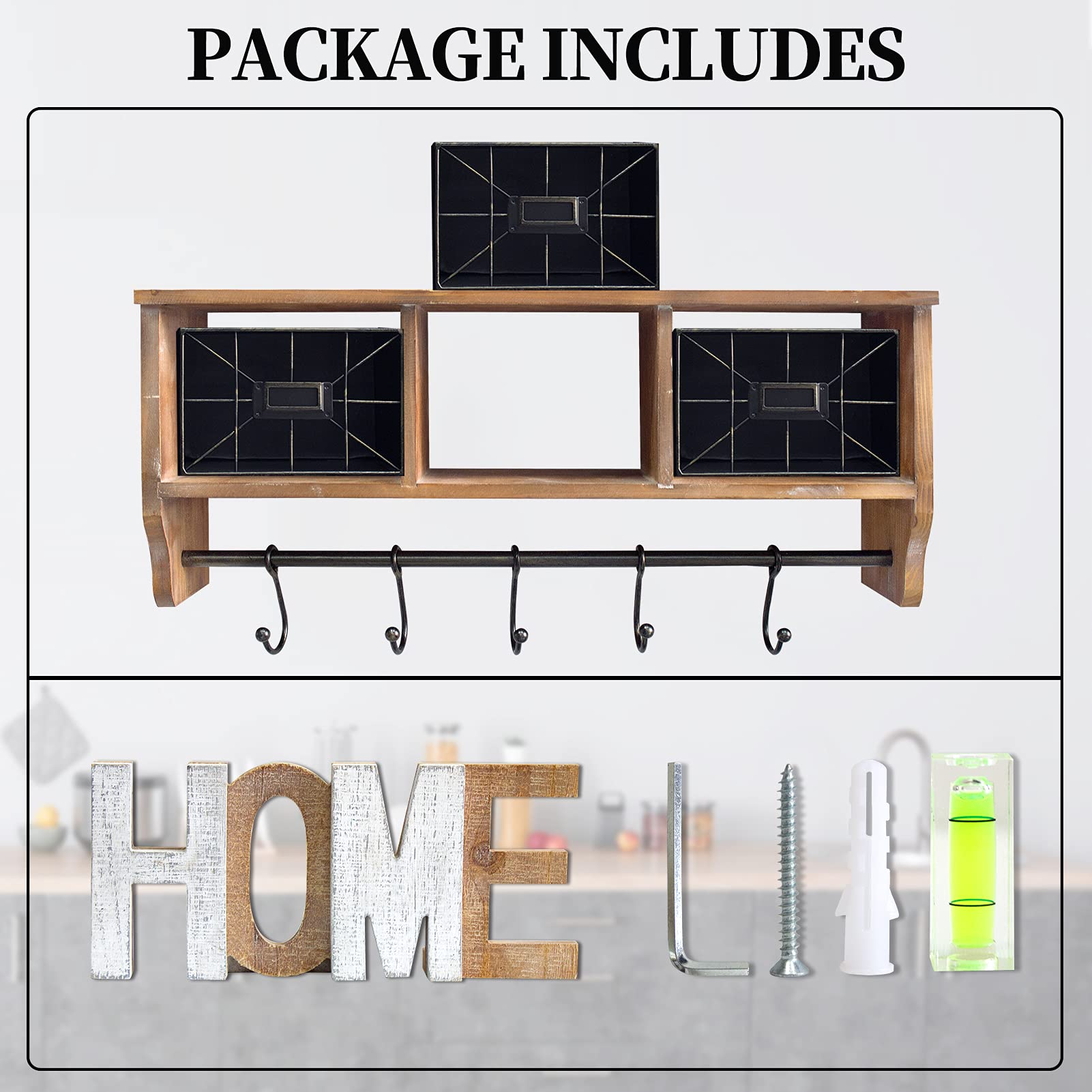 Wall Mounted Coffee Bar Shelf with Baskets & Hooks - Rustic Wooden Entryway Organizer for Coats, Towels & Kitchen Storage | Perfect for Bathroom, Living Room & Home Entryway Decor