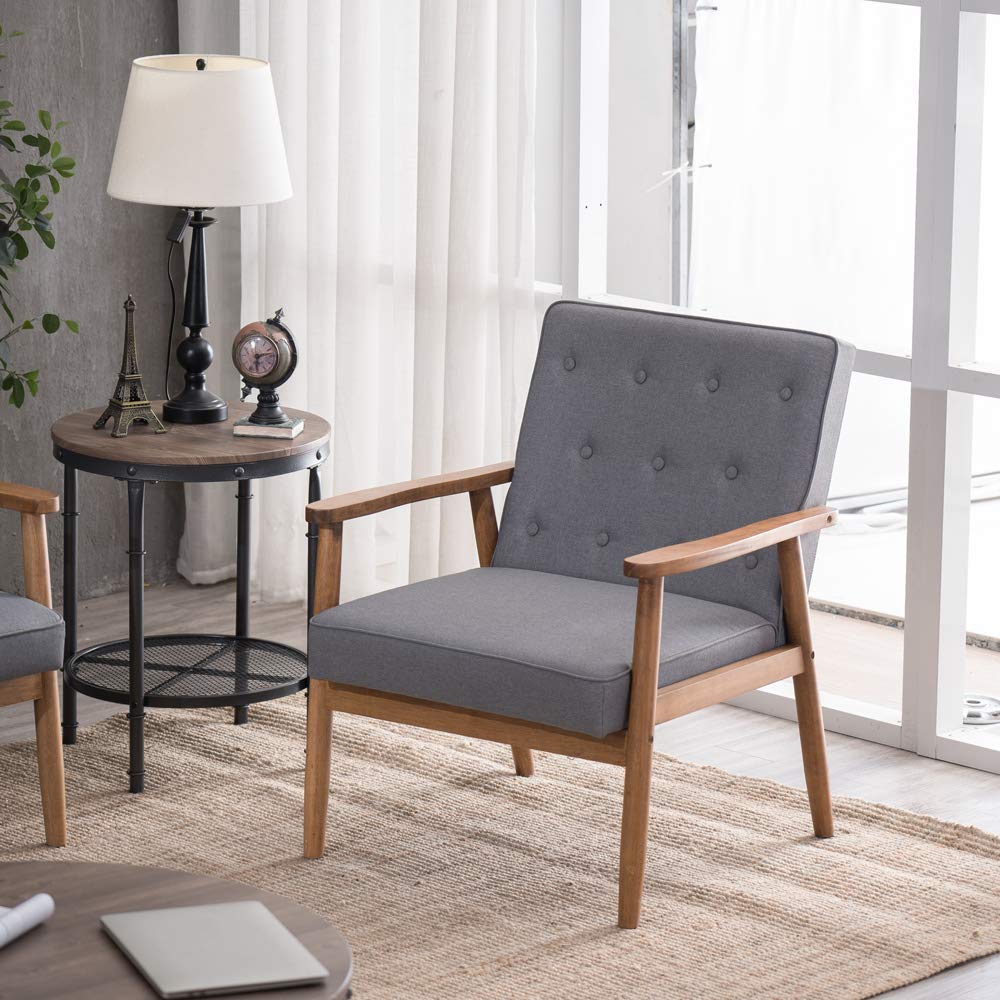 Modern Fabric Upholstered Arm Chair with Wooden Frame - Gray Lounge Chair for Living Room, Bedroom, or Office - Comfortable Single Sofa Chair for Relaxing and Reading