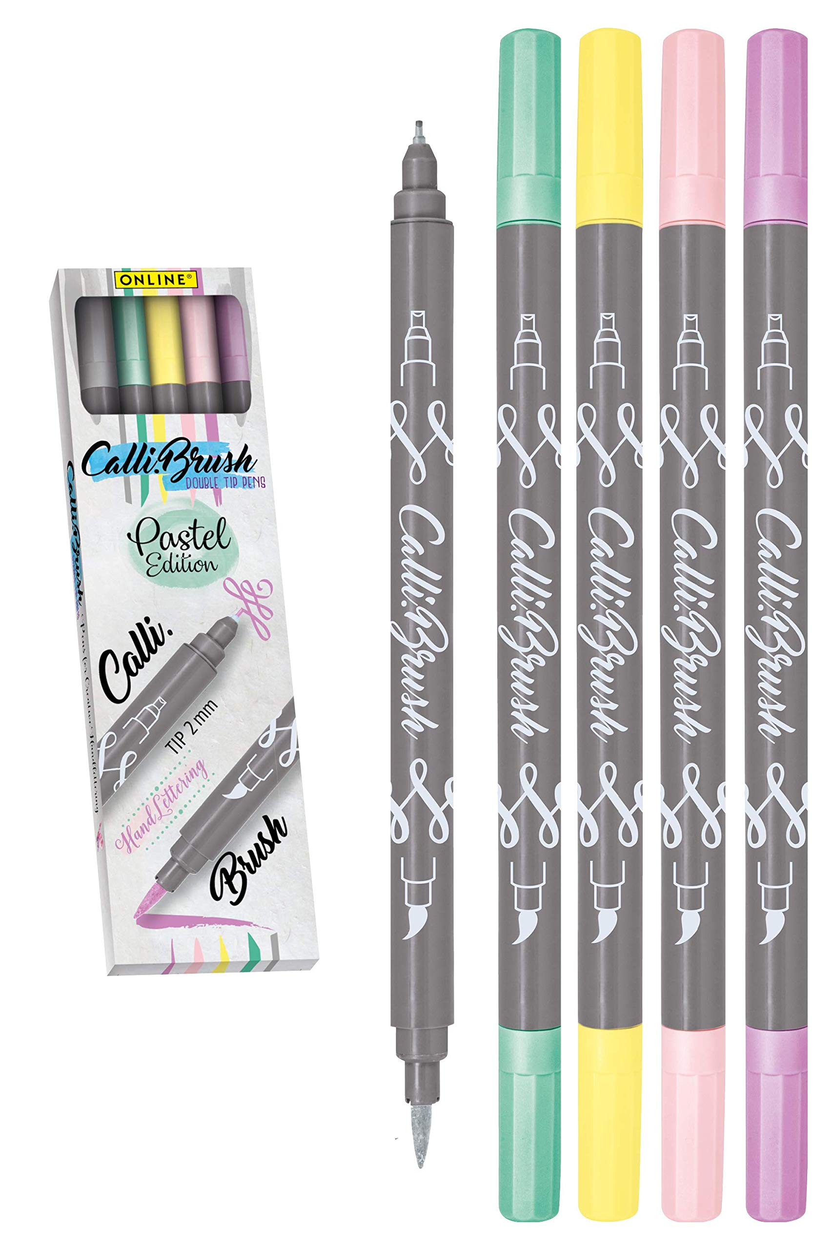 Calli.Brush Hand Lettering Brush Pens - Pastel Set of 5 | Dual Tip Calligraphy Pens with Brush & Fine Point | Watercolor Markers for Bullet Journaling, DIY Cards, Art Projects | Perfect for Beginners & Professionals