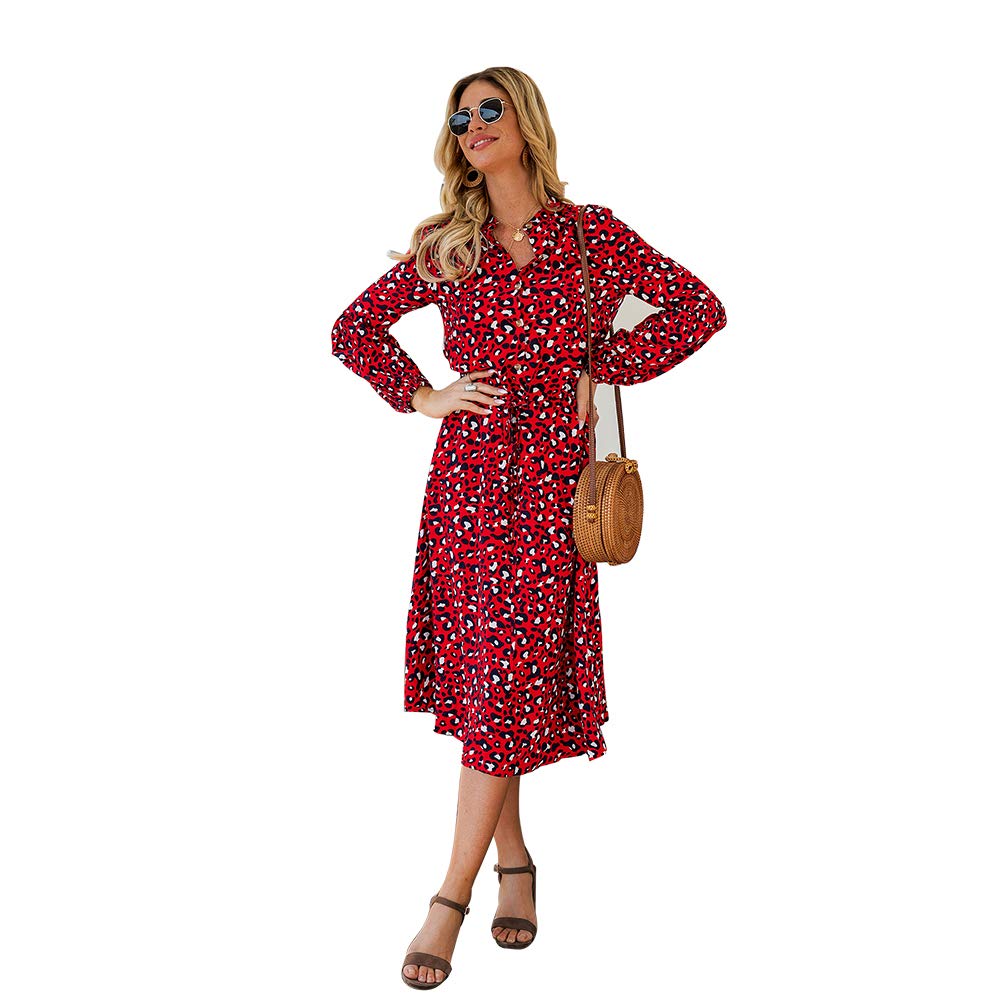 2023 Women's Leopard Print Midi Dress with Long Sleeves - High Waist A-Line Button Front Dress with Adjustable Drawstring Belt | Perfect for Office, Date Night & Holiday Parties