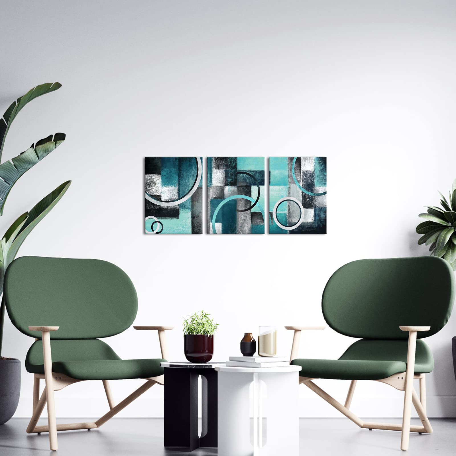 Abstract Geometric Canvas Wall Art - Teal & Grey Prints for Living Room & Bedroom Decor
