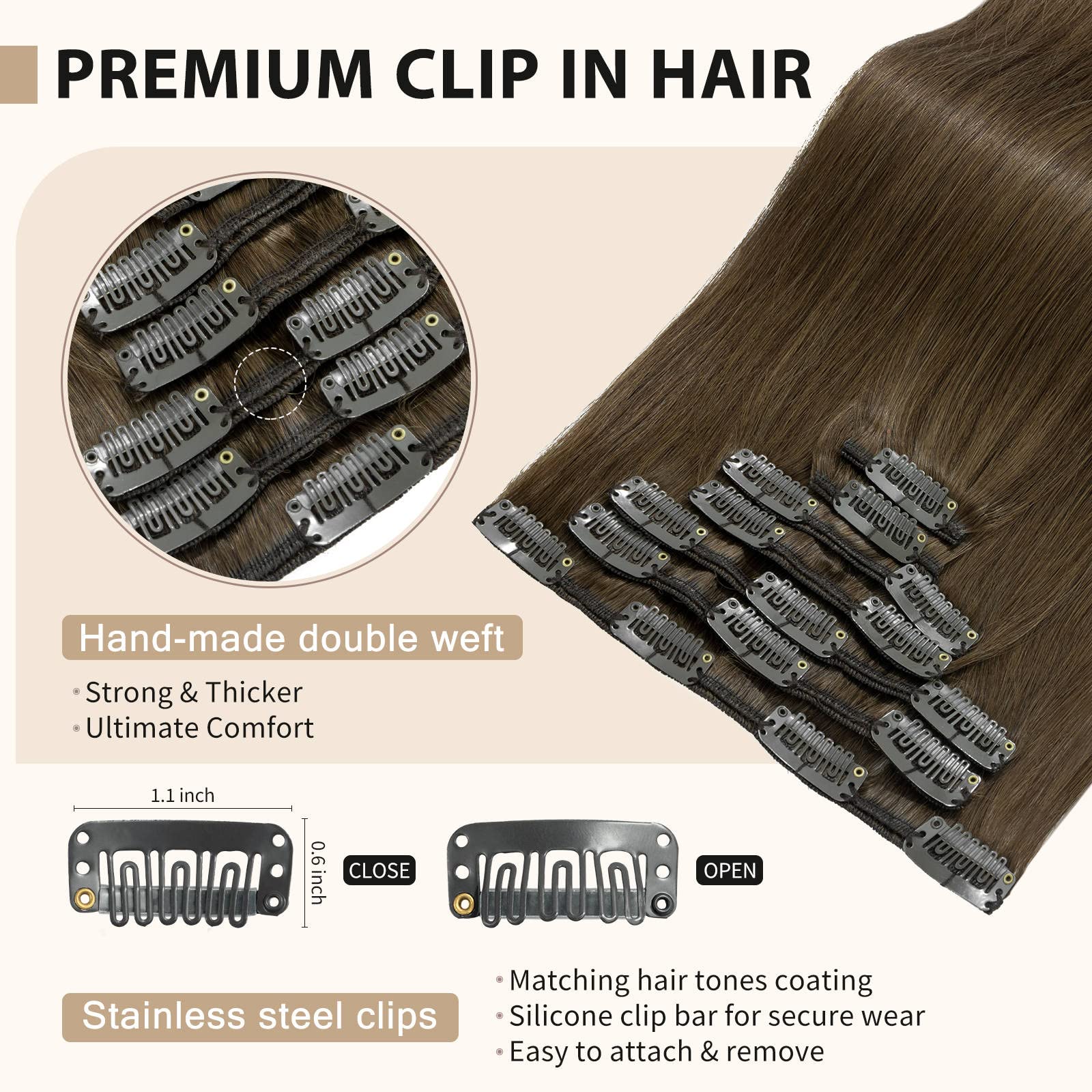 Clip in Human Hair Extensions 18 Inch - 7pcs Long Straight Remy Hair Extensions 120g, Seamless Double Weft Virgin Hair for Women (Brunette #4 Medium Brown) - Perfect for Parties, Weddings & Daily Styling