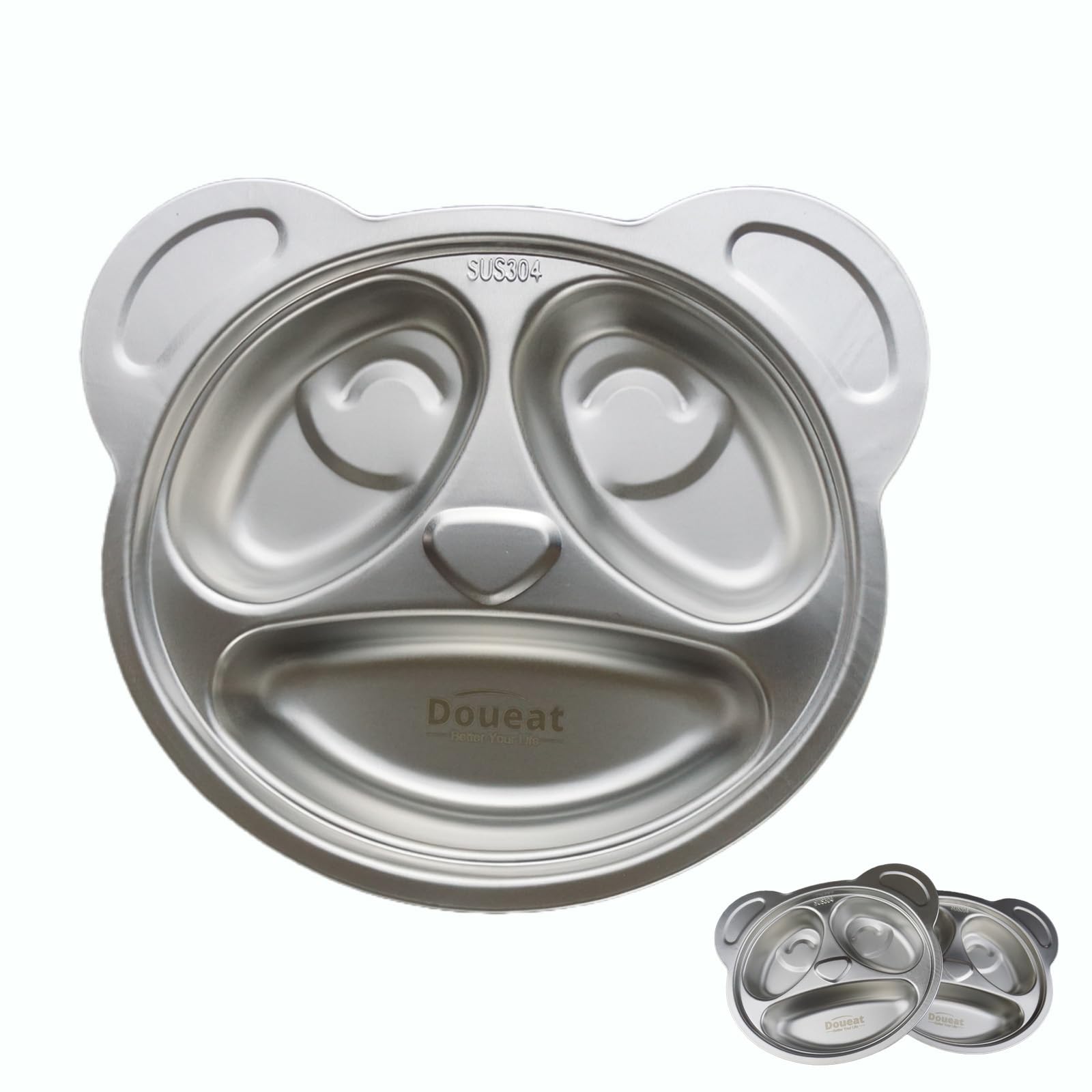 CPC Certified Stainless Steel Toddler Plates - 3 Pack Panda Design, Divided Sections & Cartoon Shapes, Scratch-Resistant & Easy to Clean for Kids Mealtime - Perfect for Home, School Lunch, and Travel Snacks