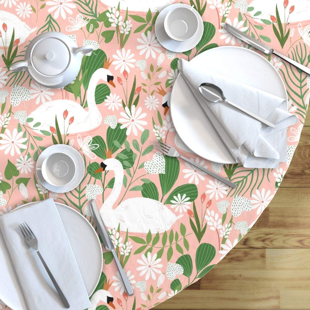 **Swan Princess Pink Bird Print Cotton Sateen Tablecloth - 70