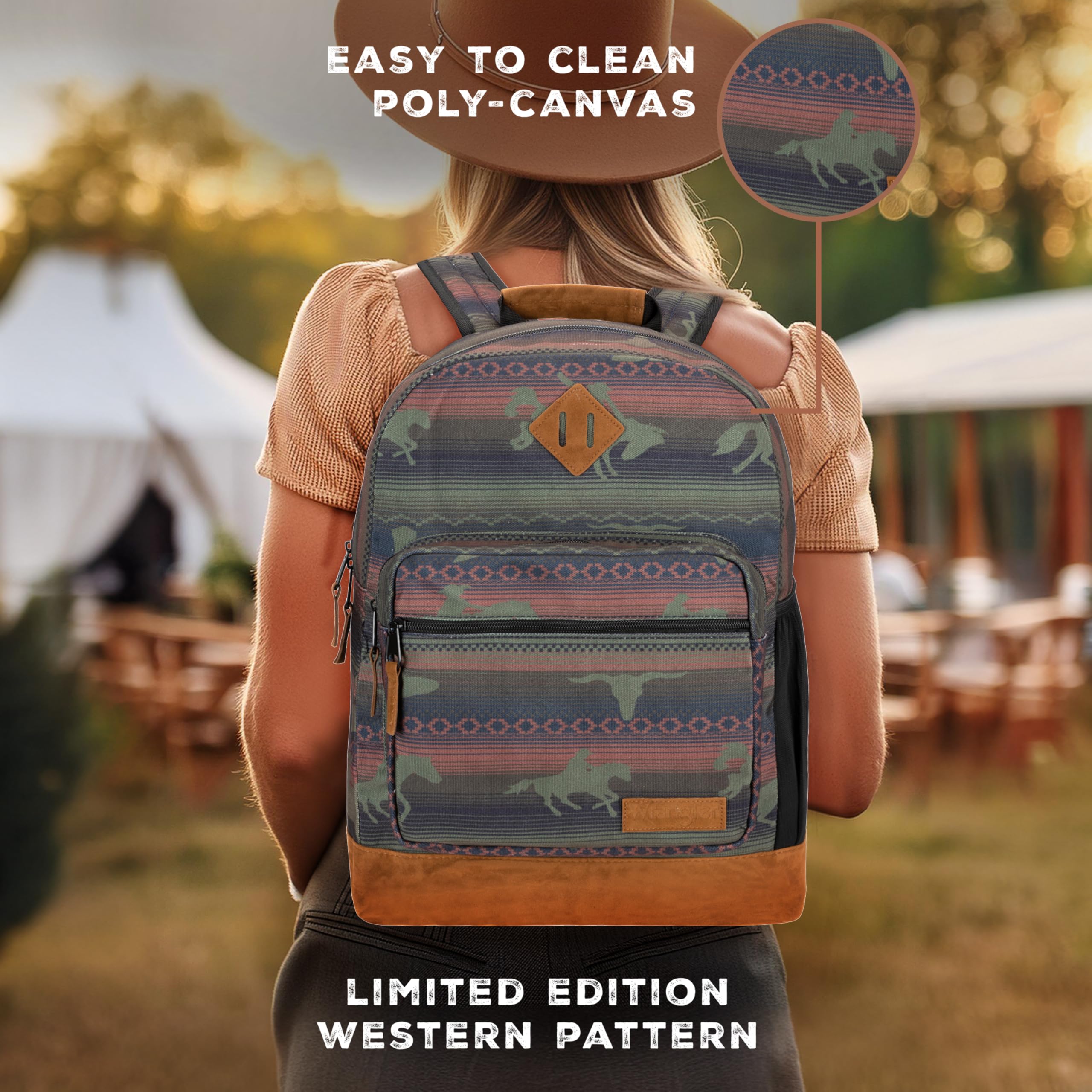 Wrangler Yellowstone Western-Style Backpack - Water Resistant Coated Canvas Daypack for Travel, School & Everyday Use with Padded Laptop Sleeve (Motif Stripe) | Perfect for College Students, Commuters & Outdoor Adventures