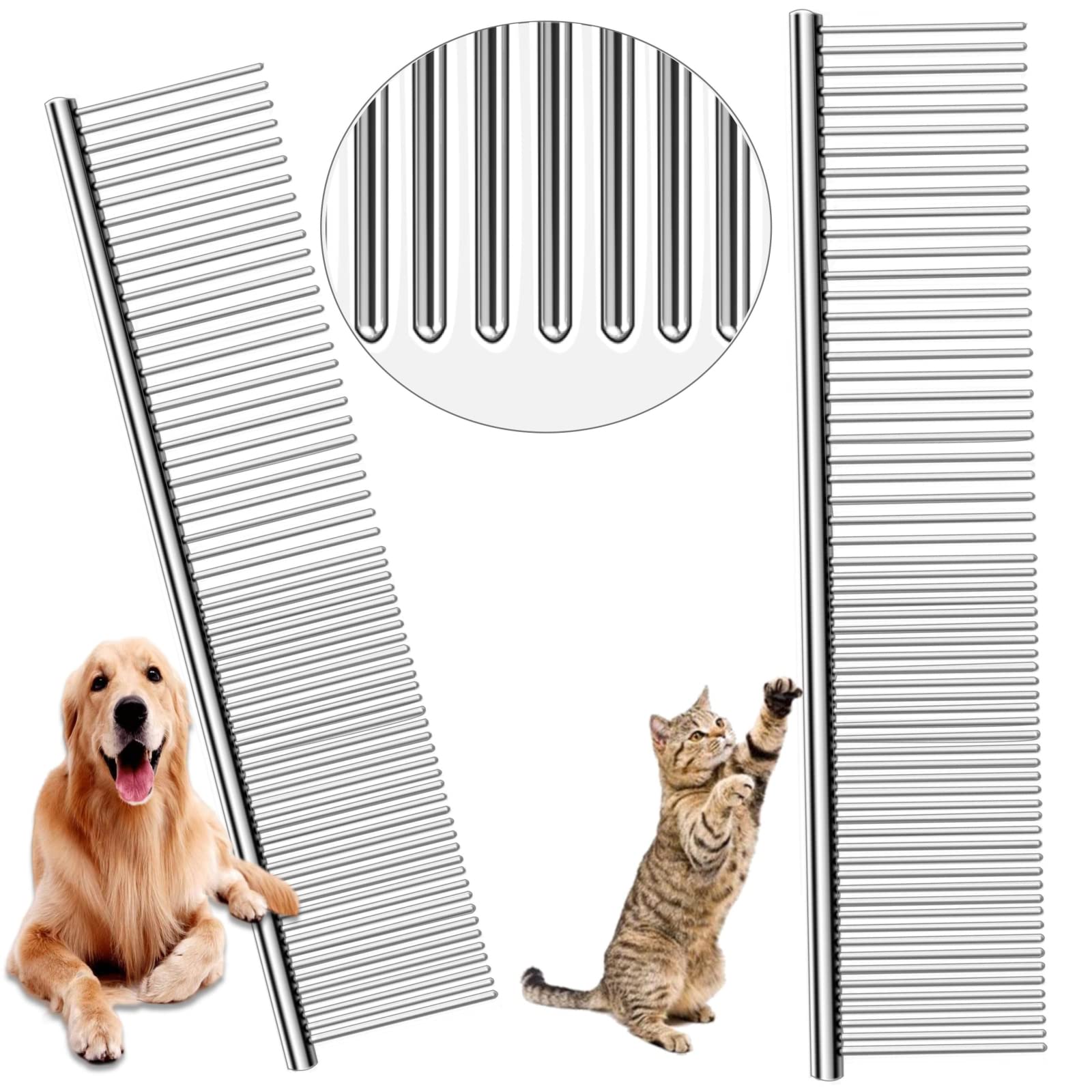 Professional Stainless Steel Dog & Cat Grooming Comb - 2 Pack Metal Pet Comb with Rounded Ends for Long & Short Matted Hair (7.48