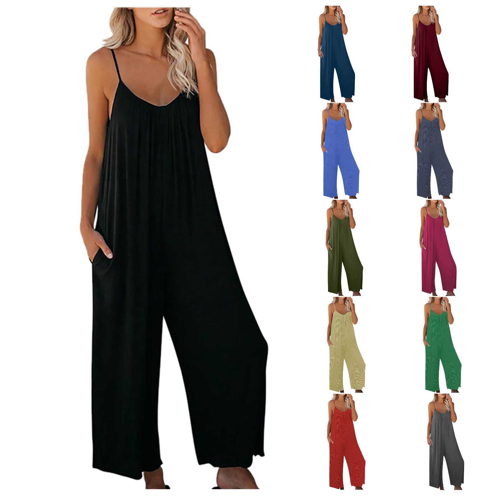 Women's Plus Size Summer Jumpsuit - Wide Leg Romper with Pockets for Casual Outings