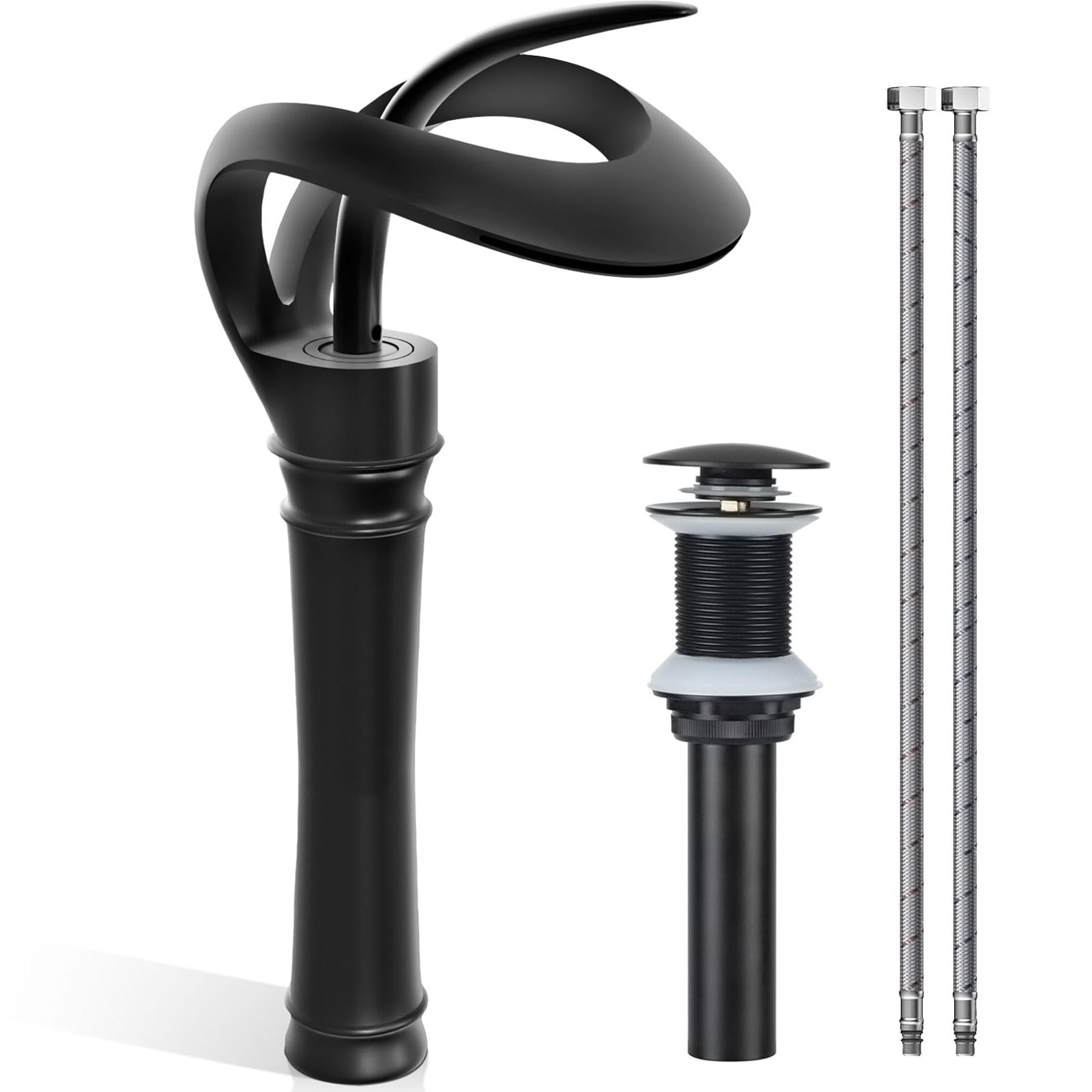 AUU Matte Black Waterfall Single Hole Bathroom Sink Faucet - Solid Brass Tall Vessel Faucet with Pop-Up Drain & Supply Line - Perfect for Modern Vanities & Luxury Bathroom Renovations (Black, Tall)
