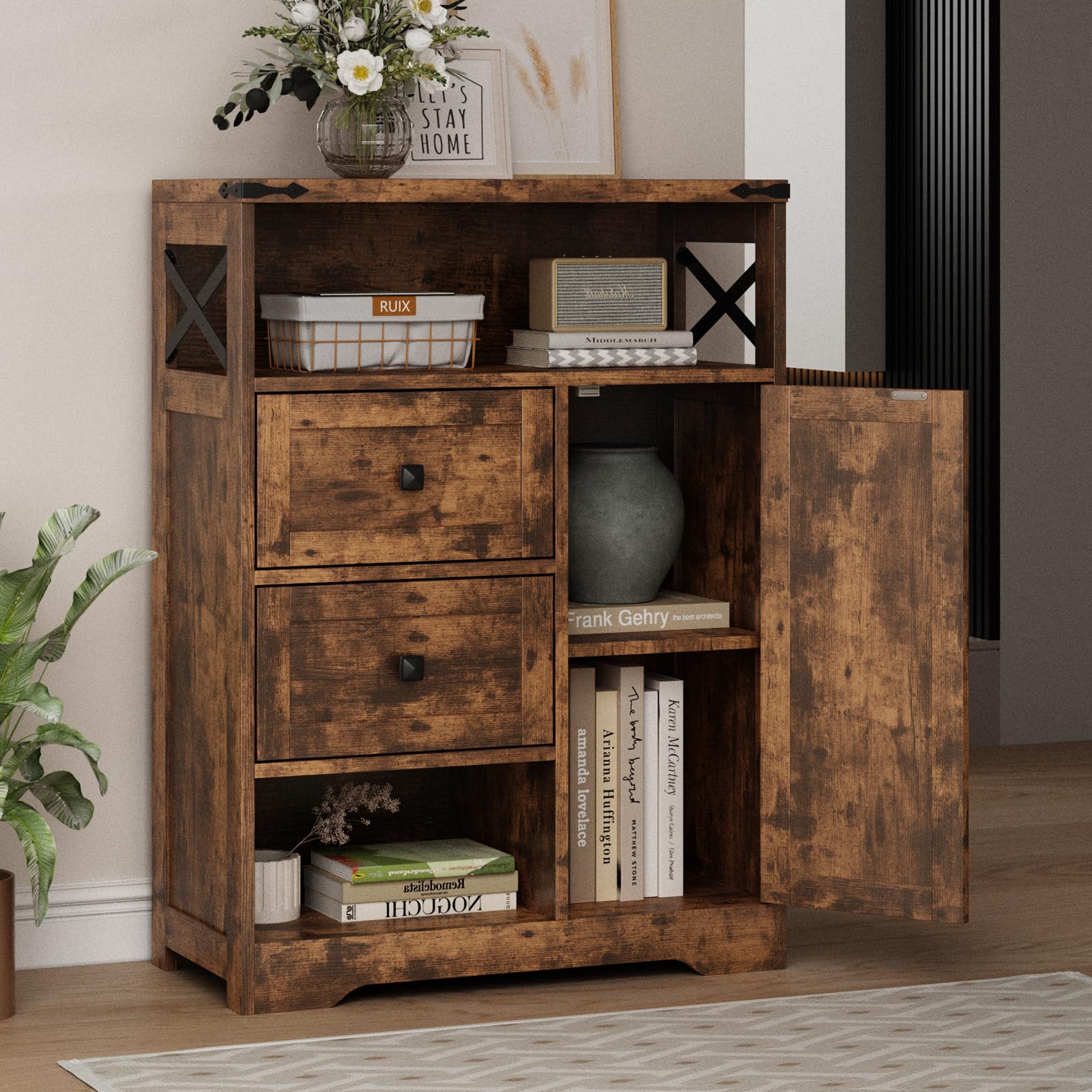 Farmhouse Storage Cabinet with 2 Drawers & Open Shelves - Freestanding Organizer for Living Room, Bathroom, Kitchen & Laundry - Rustic Brown Wooden Cabinet for Home Organization & Decor