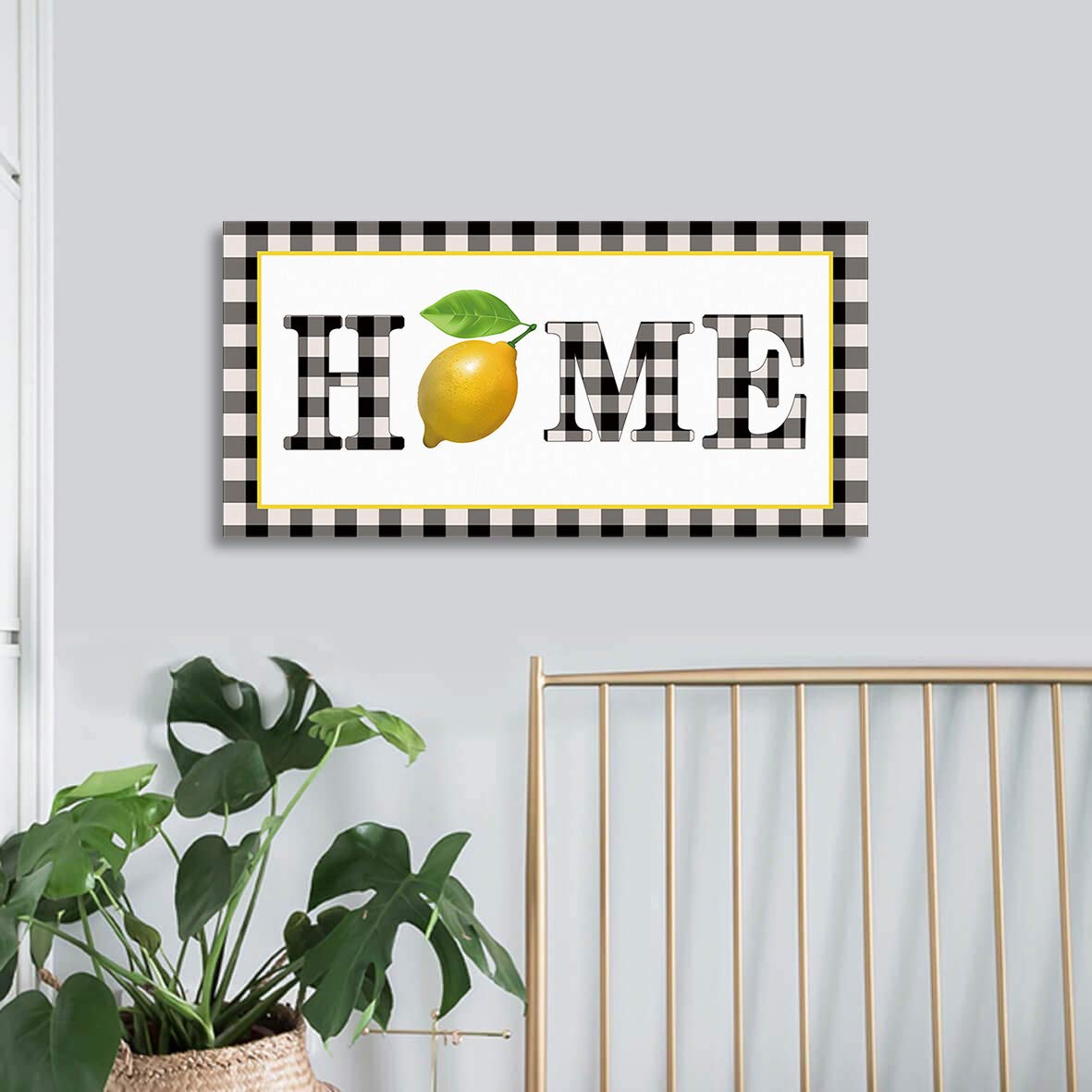 Lemon Kitchen Wall Art - Black and White Buffalo Plaid Summer Lemon Print Painting - 16x32 Inch Farmhouse Decor for Bedroom, Living Room & Bathroom - Perfect for Kitchen Backsplash, Dining Room Accent Wall and Bathroom Decor