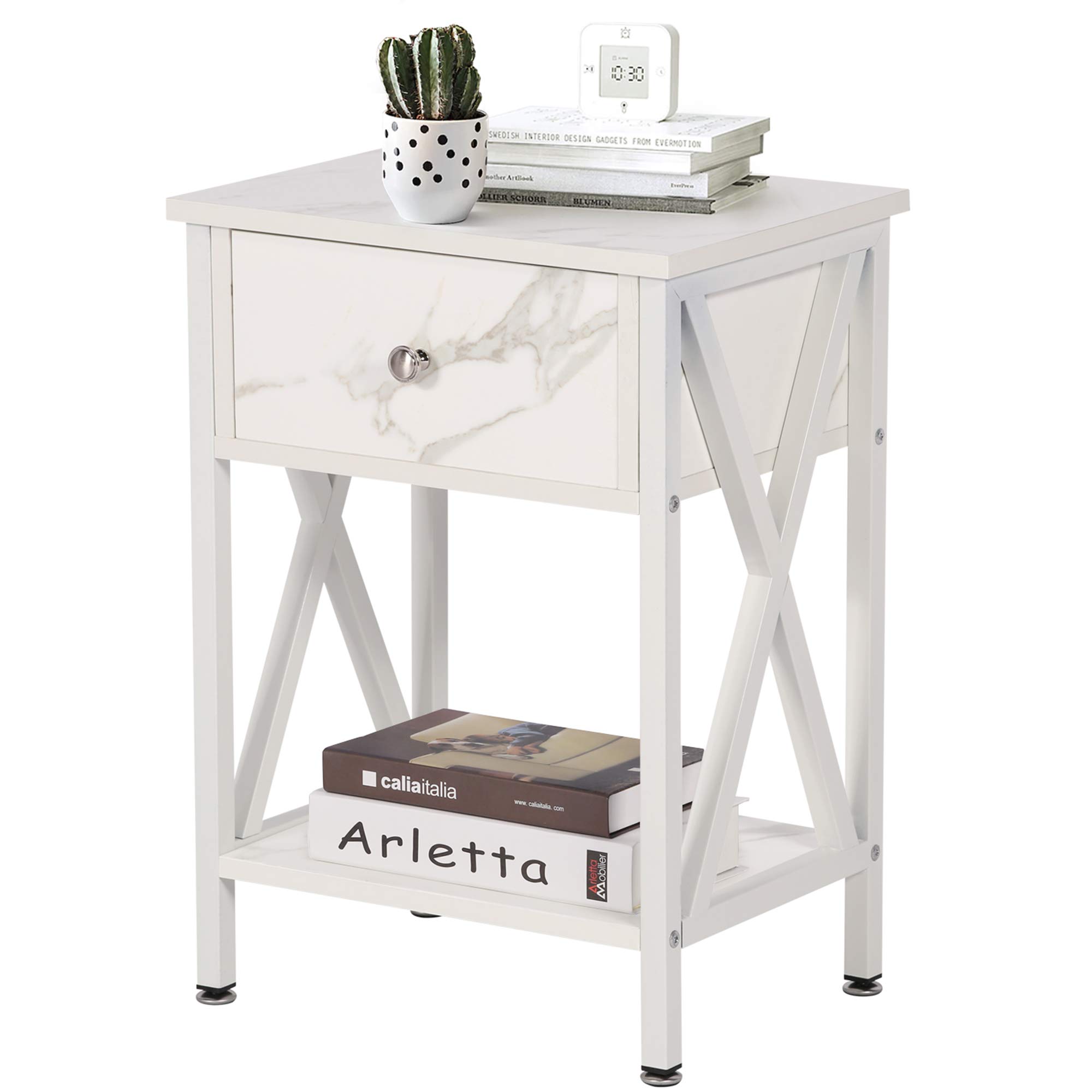VECELO Modern Nightstand with Storage Drawer & Shelf - X-Design End Table for Bedroom & Living Room - White - Perfect for Small Spaces, Apartment Essentials & Home Organization