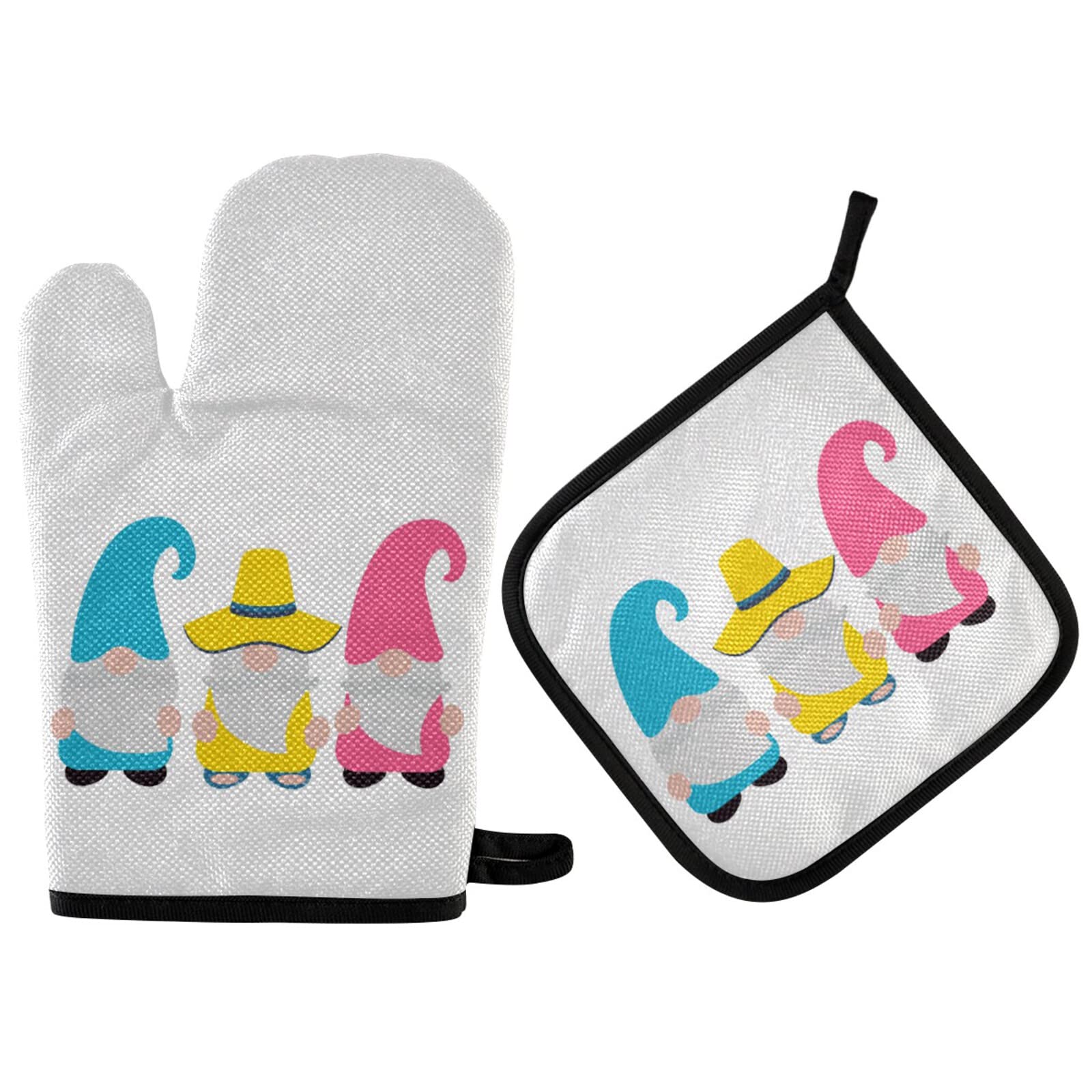 Summer Gnome Oven Mitts and Pot Holders Set of 2 - Heat Resistant Kitchen Gloves with Soft Cotton Lining, Non-Slip Grip for Baking, Cooking, BBQ - Yellow, Pink, Blue Spring Colors - Perfect for Home Kitchen, Outdoor Grilling & Holiday Gift Giving