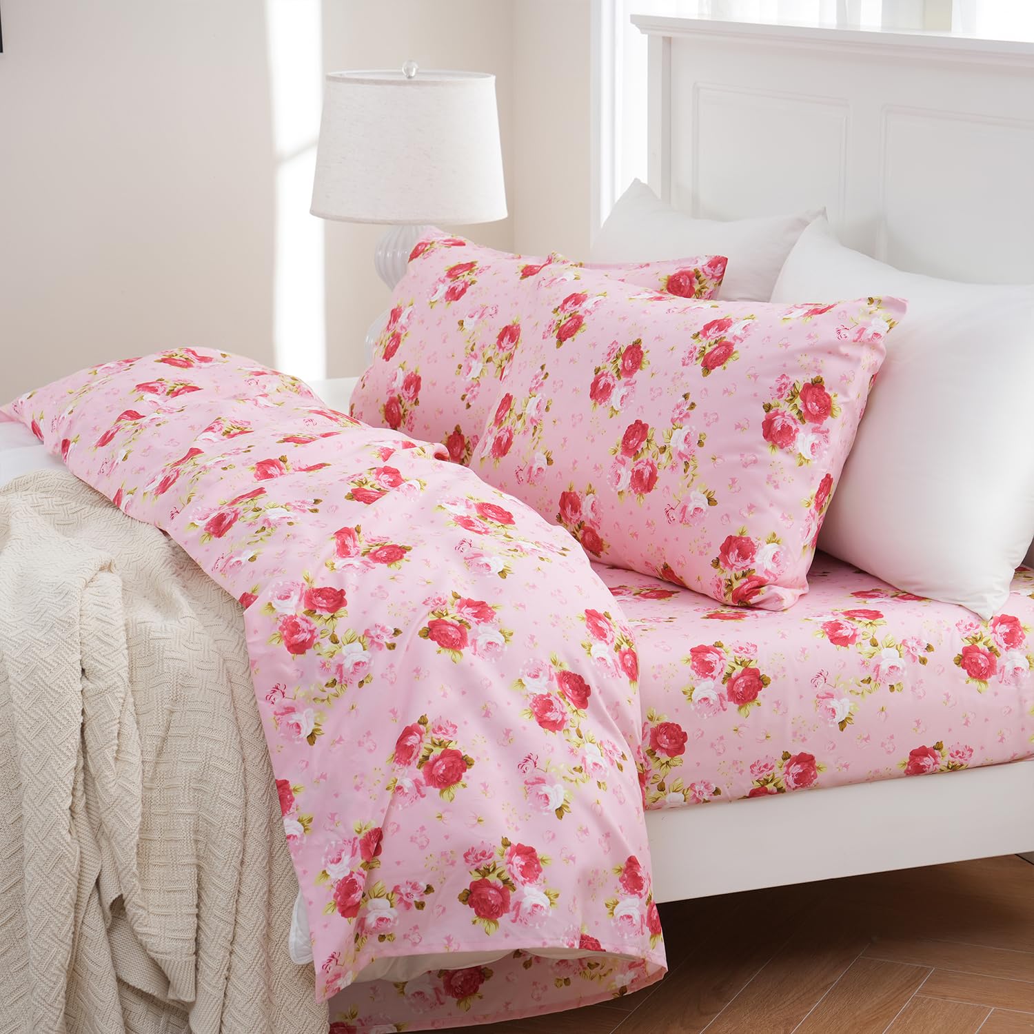 MEISHANG Queen Sheet Set - Floral Deep Pocket Sheets, Ultra Soft Brushed Microfiber Bedding for 16