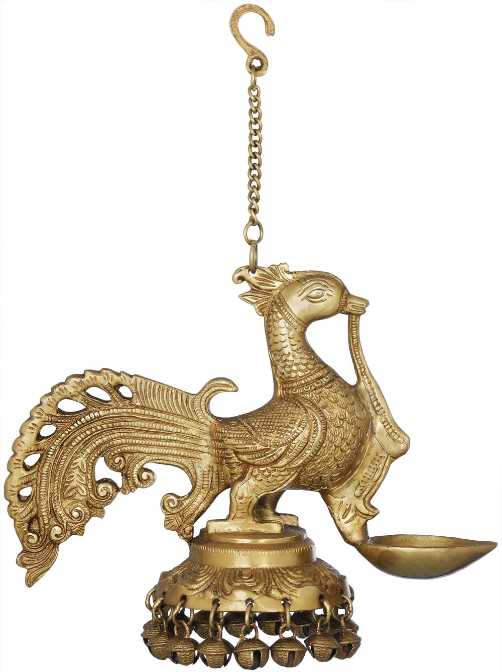 Handmade Indian Peacock Hanging Lamp with Brass Bells (Ghungroos) - Yellow Color Traditional Home Decor for Living Room, Bedroom, or Outdoor Patio Lighting
