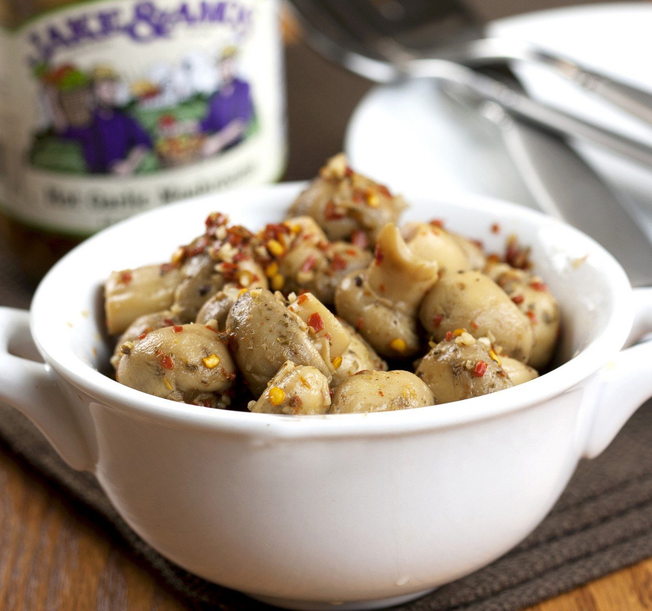 Jake & Amos Spicy Pickled Garlic Mushrooms - 16 Oz Glass Jars (2 Pack) - Perfect for Charcuterie Boards, Salads & Gourmet Gifts