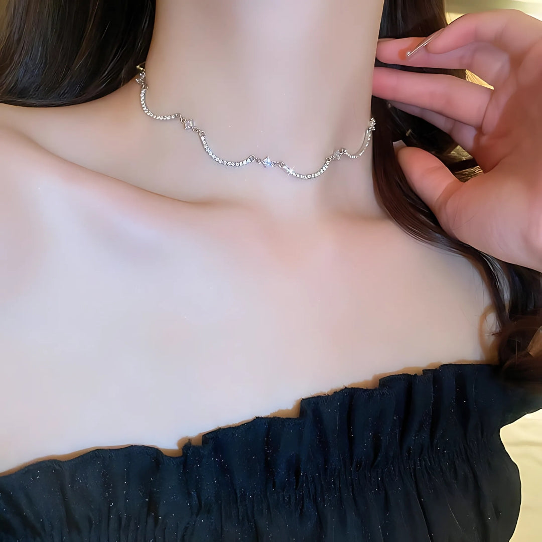 Sparkle Wavy Rhinestone Tennis Choker Necklace for Women | Elegant Crystal Statement Jewelry for Party, Wedding & Evening Wear | A8278